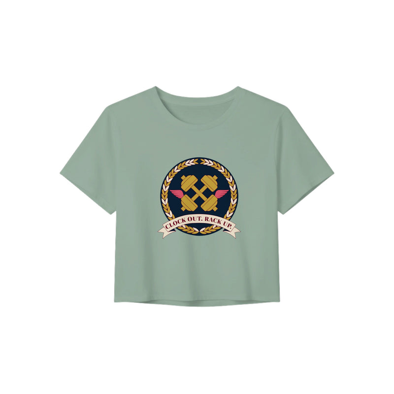 Clock Out. Rack Up. crest design on a Dumbbells and Hotels women's crop tee