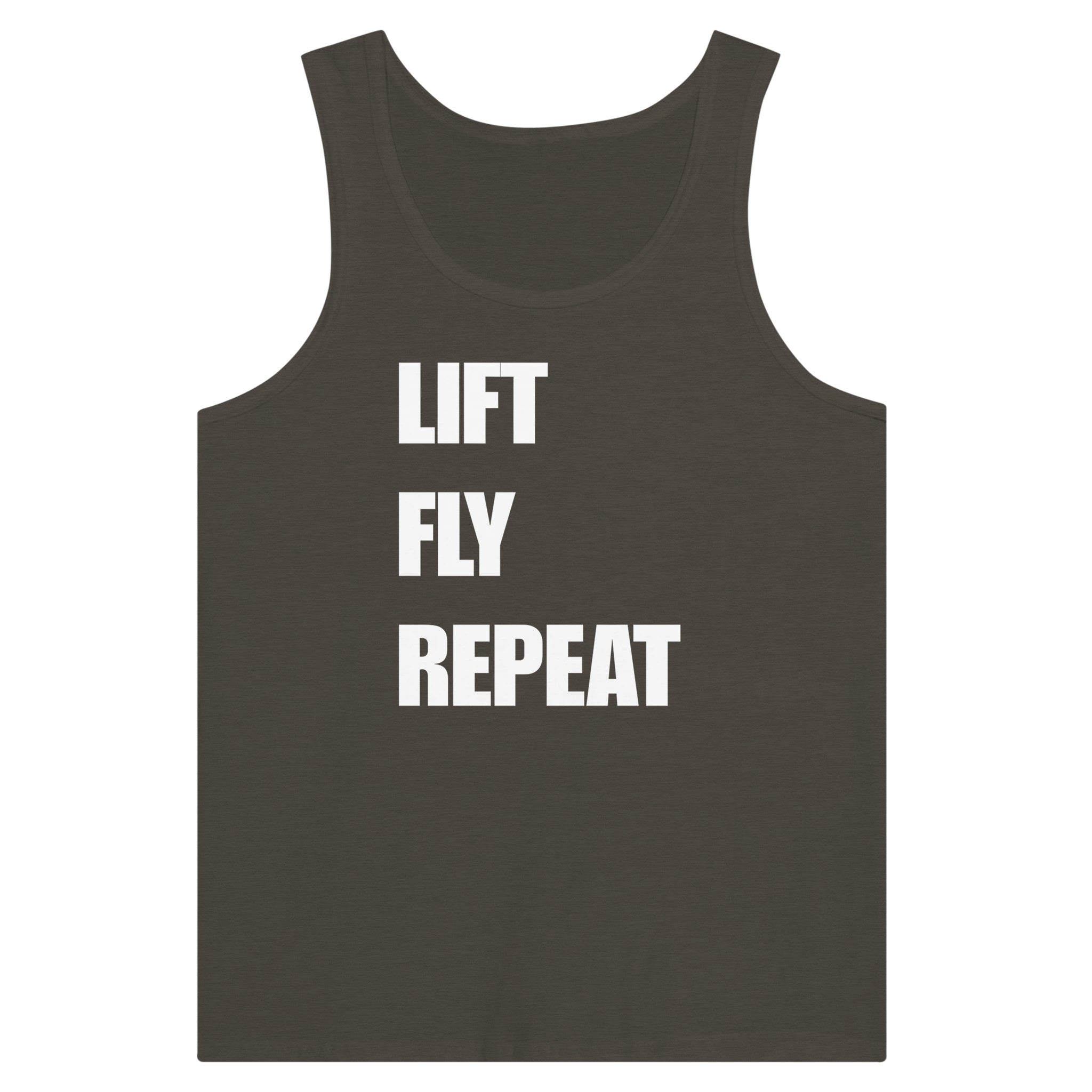 Dumbbells & Hotels unisex tank top with the Lift Fly Repeat graphic - product shot 7 of 18