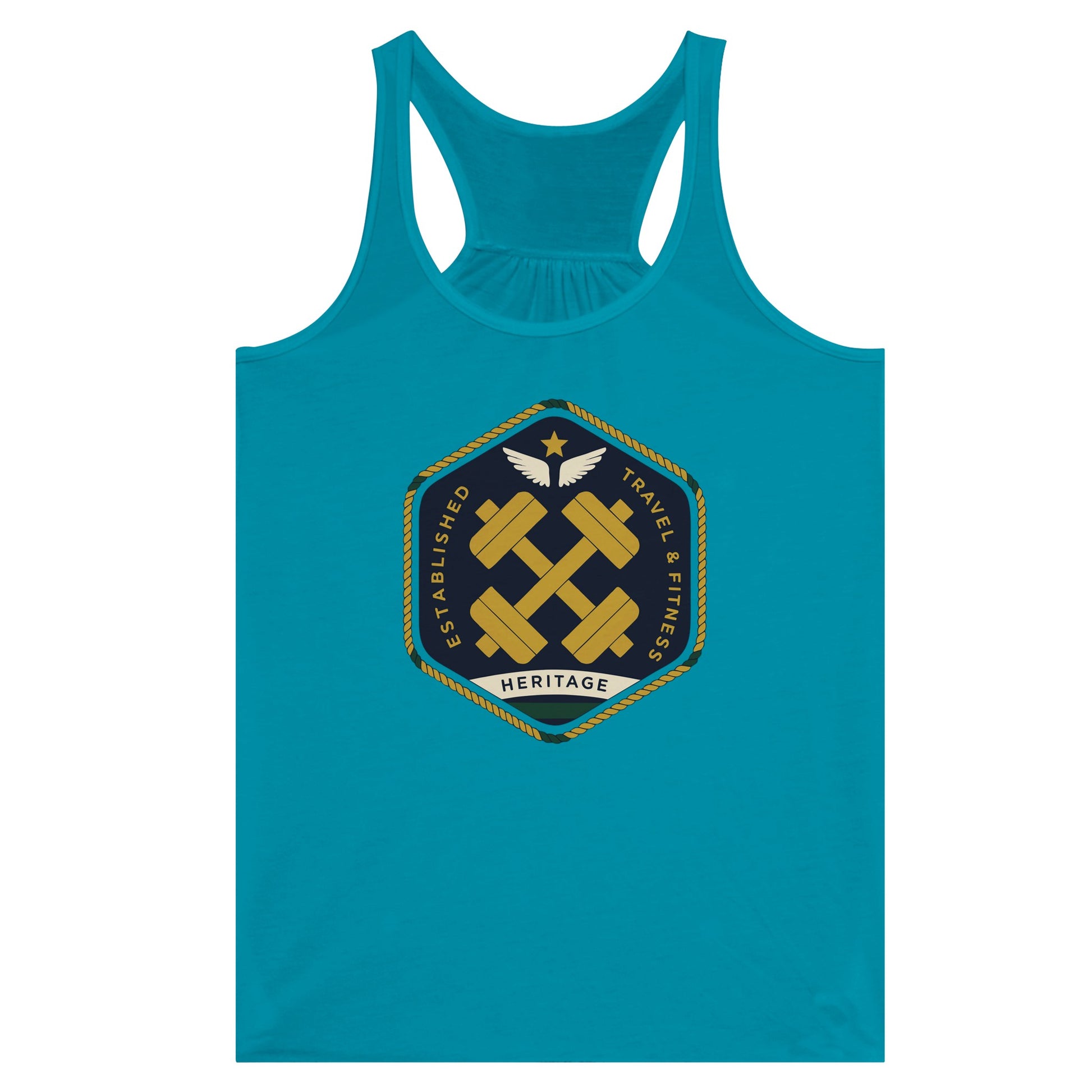 Heritage Standard crest-emblem flowy racerback tank, Dumbbells & Hotels road warrior apparel
