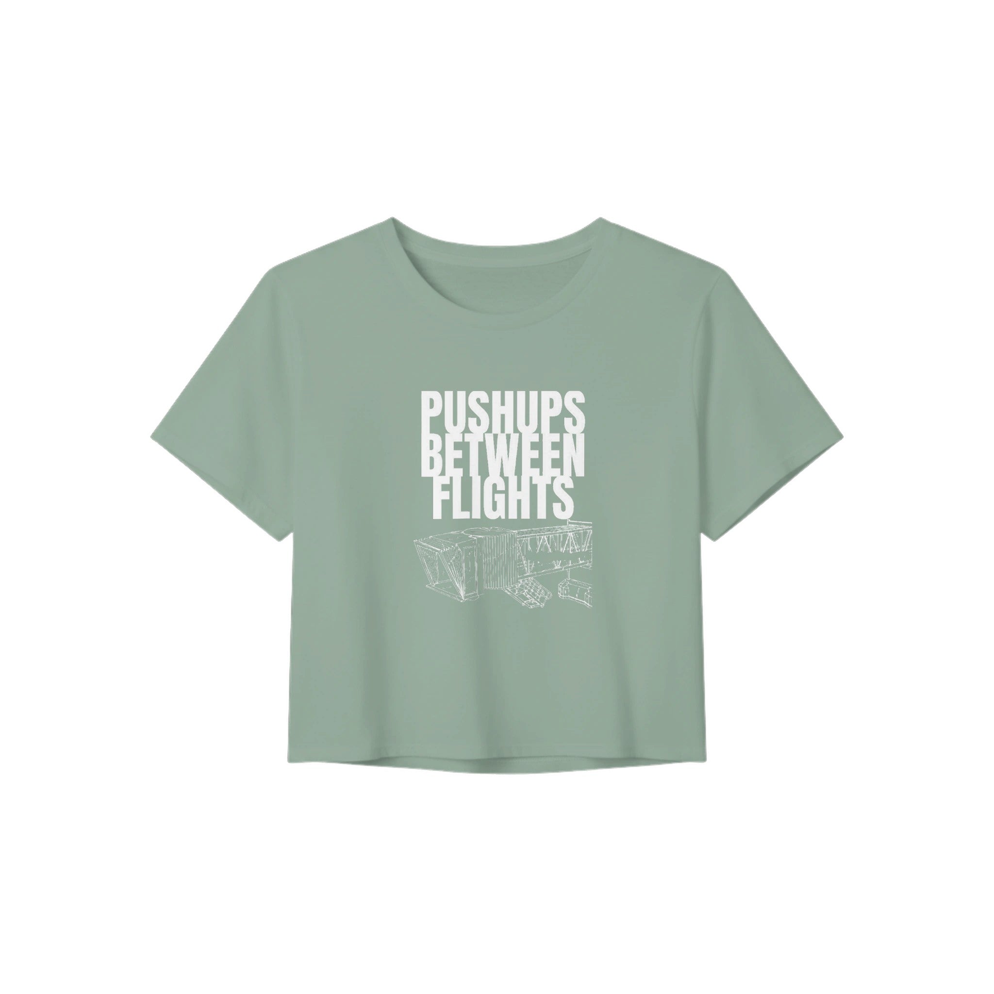 women's flowy travel crop tee with white Pushups Between Flights jet-bridge print, product view 5