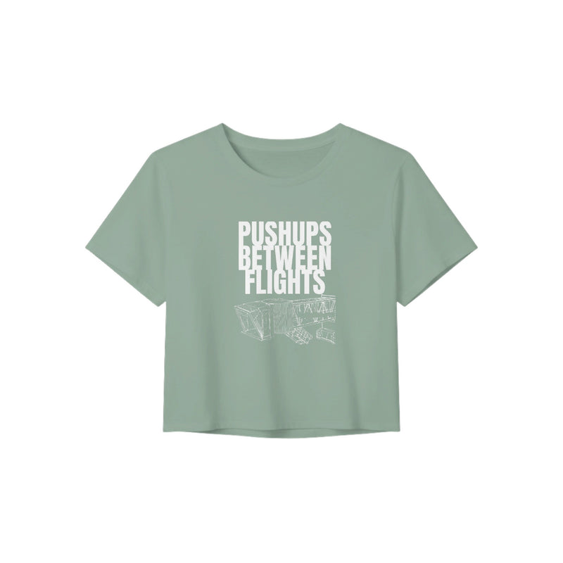 women's flowy travel crop tee with white Pushups Between Flights jet-bridge print, product view 5
