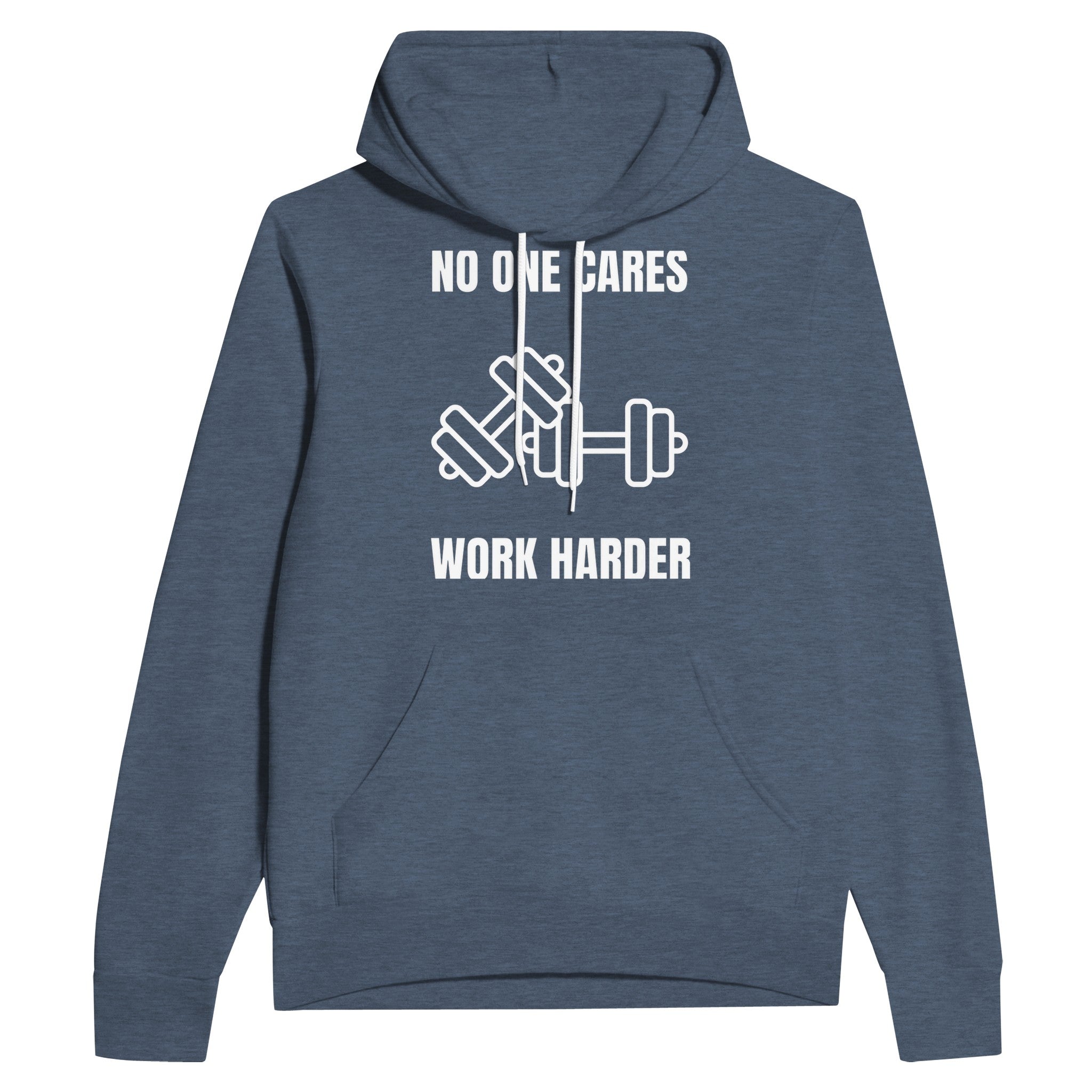 No One Cares. Work Harder sponge fleece hoodie — flight-tested travel fitness apparel for the road warrior | Dumbbells & Hotels