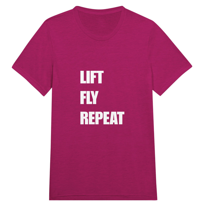 Lift Fly Repeat unisex triblend tee for travelling professionals, printed with a laurel-wreath crest with crossed dumbbells, aviator wings and a LIFT. FLY. REPEAT. ribbon — product photo 15 of 19