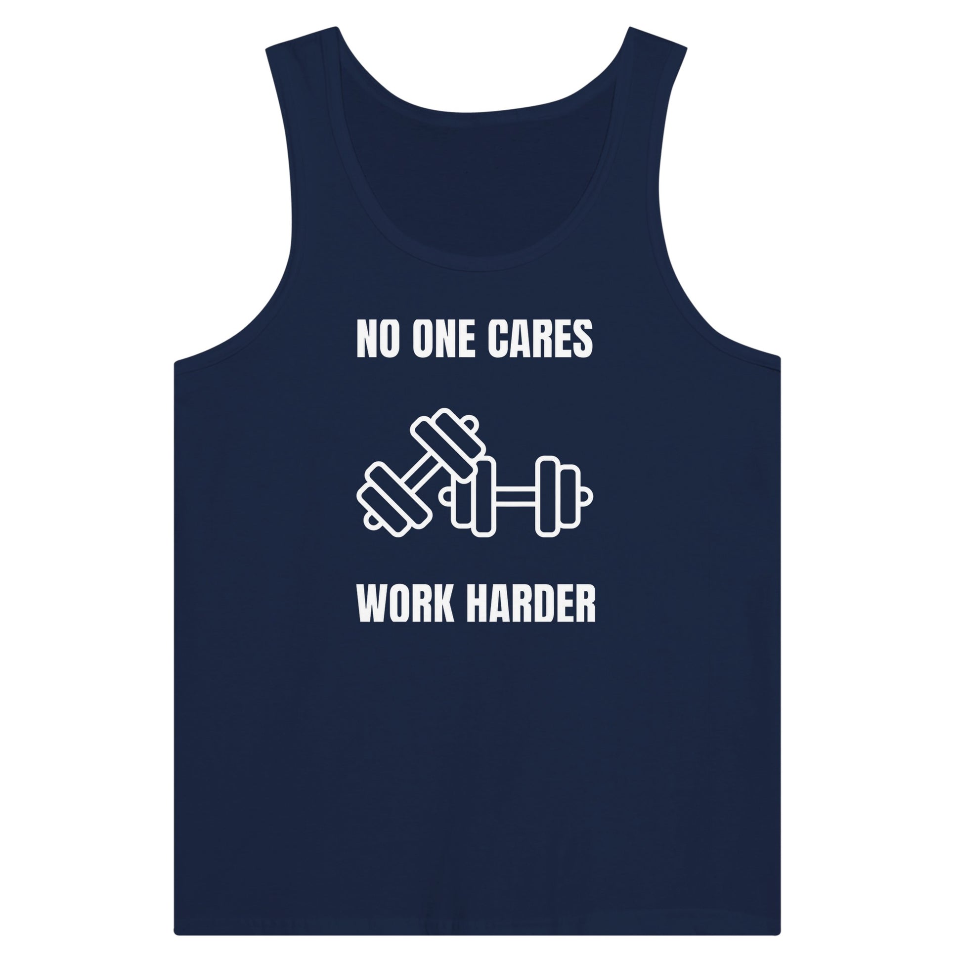 No One Cares. Work Harder travel fitness tank — veteran-founded, flight-tested | Dumbbells & Hotels