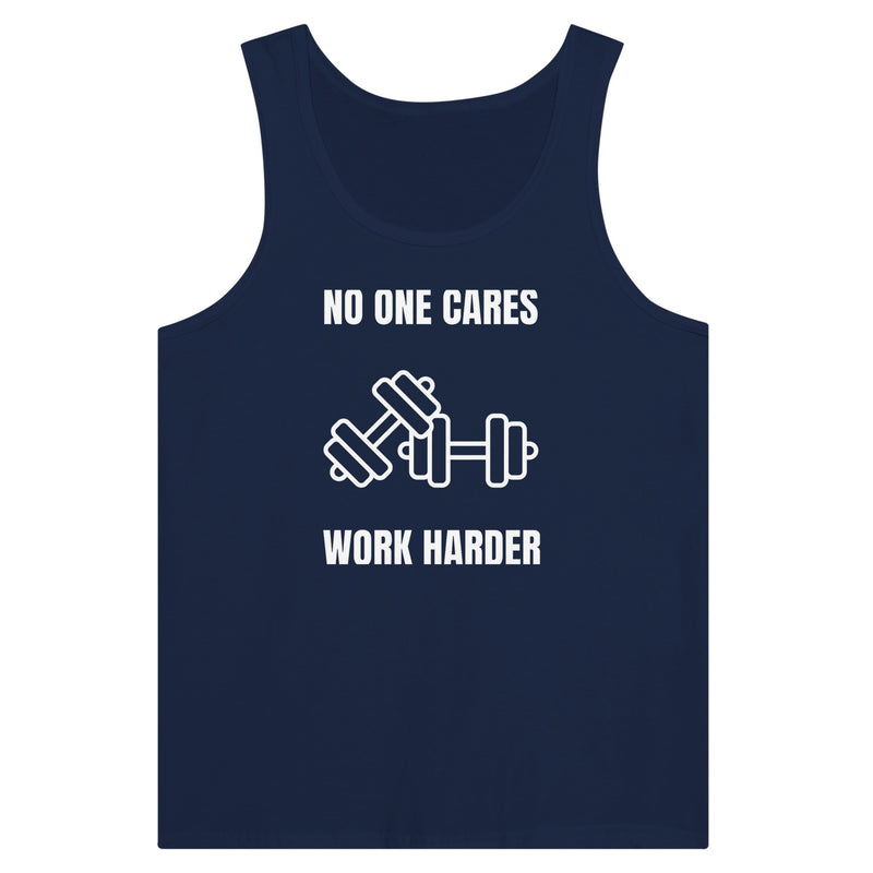 No One Cares. Work Harder travel fitness tank — veteran-founded, flight-tested | Dumbbells & Hotels