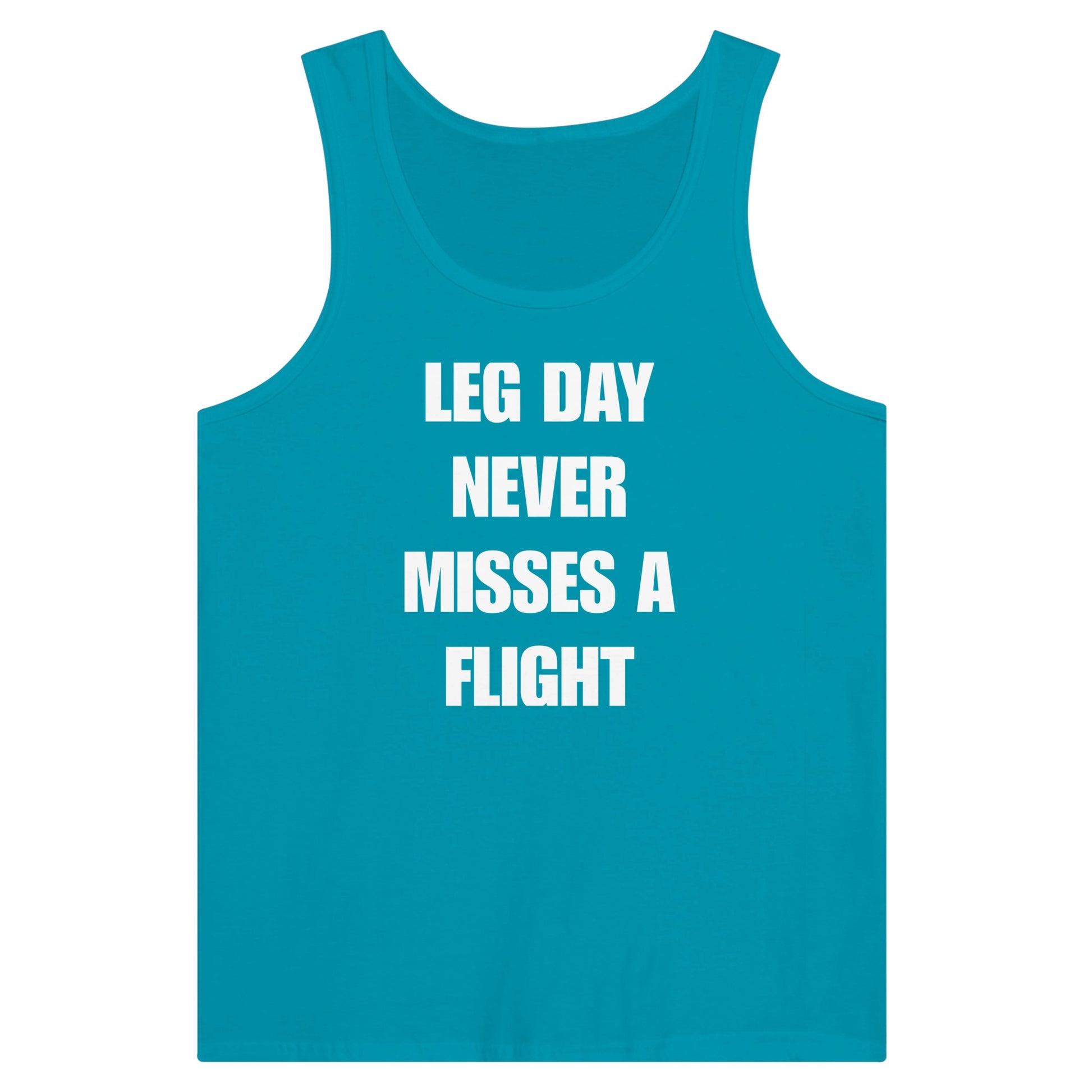 men's travel tank with white Leg Day Never Misses a Flight print on dark fabric, product view 13