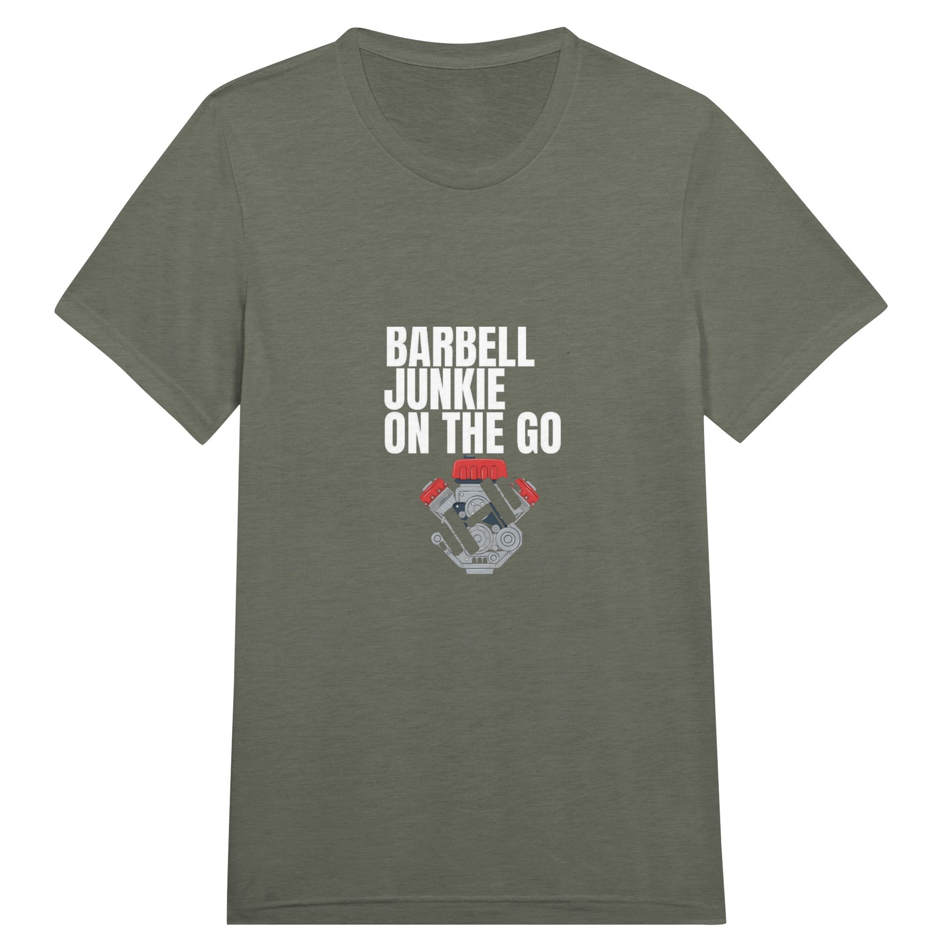 Barbell Junkie on the Go unisex classic travel tee by Dumbbells & Hotels — road warrior gym apparel