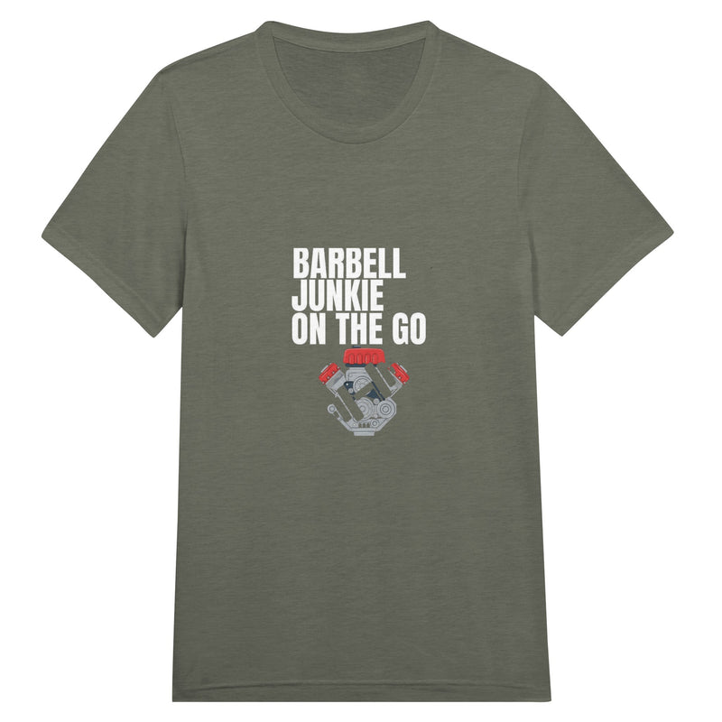 Barbell Junkie on the Go unisex classic travel tee by Dumbbells & Hotels — road warrior gym apparel
