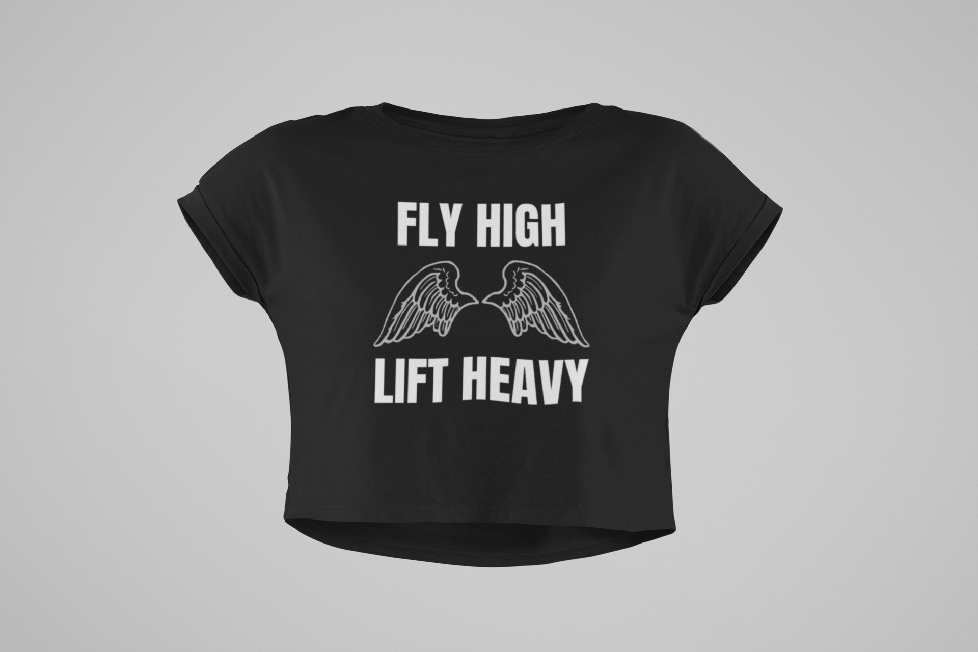 The Layover Crop Top Fly High Edition in Black — women's travel crop top with Fly High Lift Heavy design by Dumbbells and Hotels | veteran-founded travel activewear