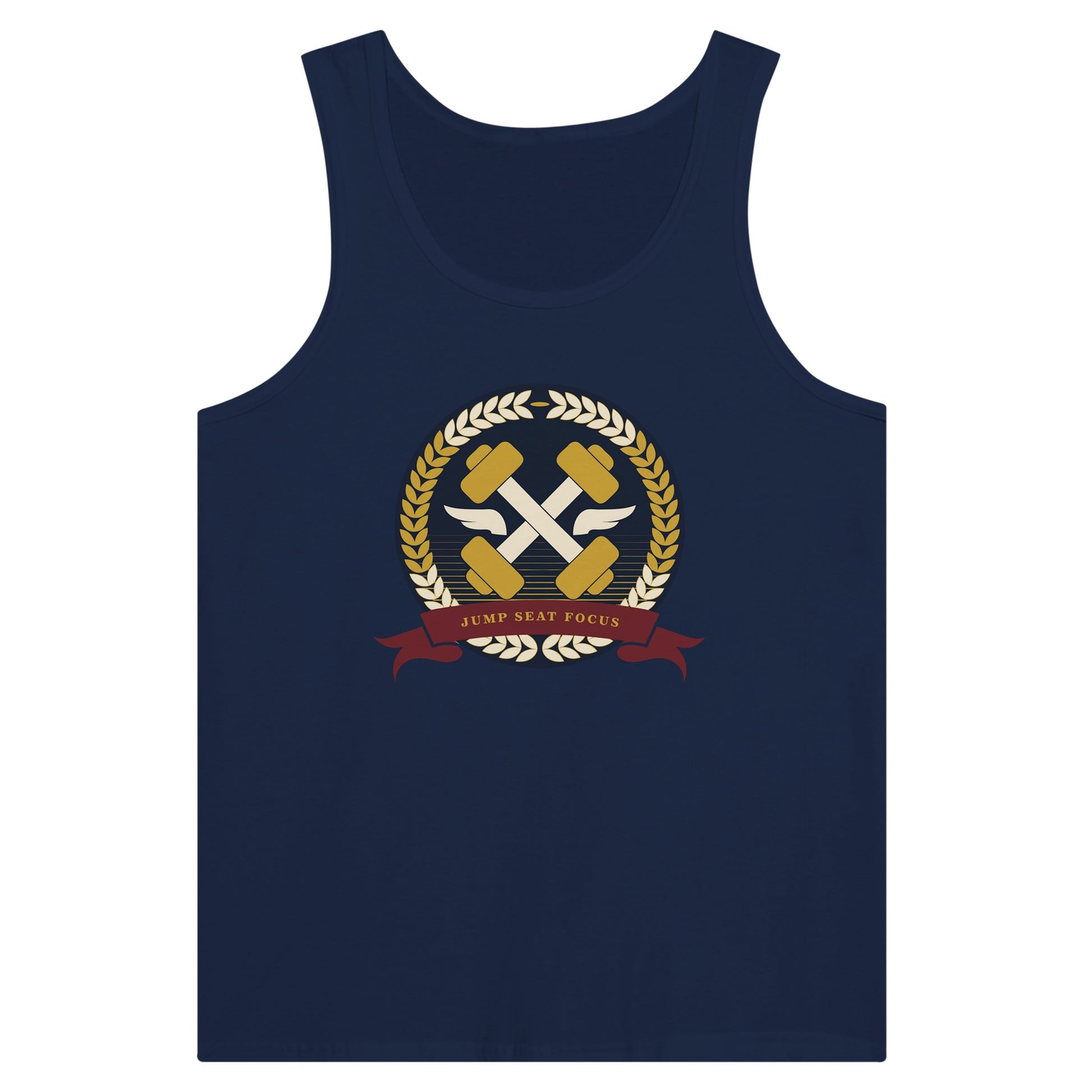 Dumbbells & Hotels unisex tank top with the Jump Seat Focus crest (gold laurel ring, crossed dumbbells over aviator wings, burgundy ribbon) - product shot 11 of 18
