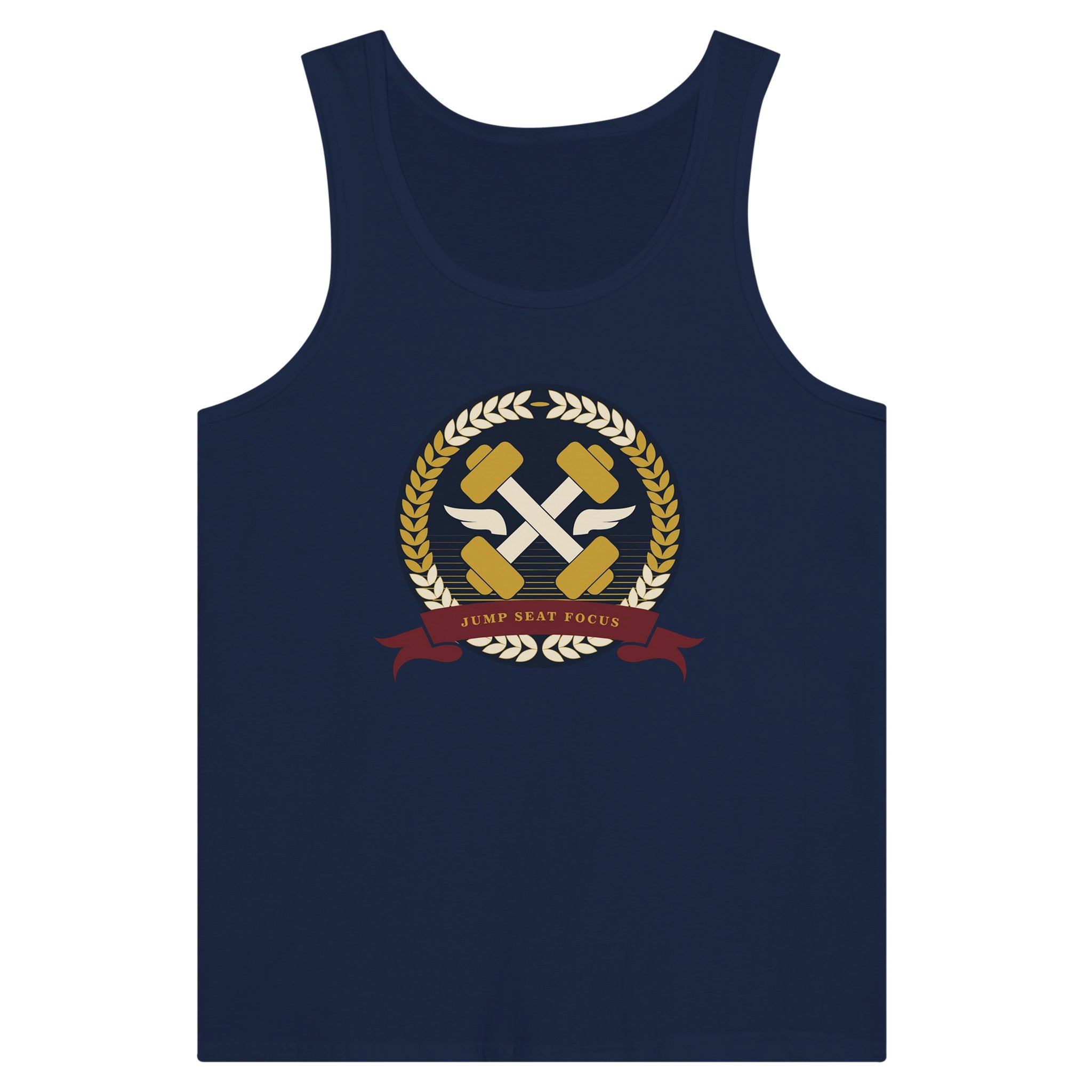 Dumbbells & Hotels unisex tank top with the Jump Seat Focus crest (gold laurel ring, crossed dumbbells over aviator wings, burgundy ribbon) - product shot 11 of 18