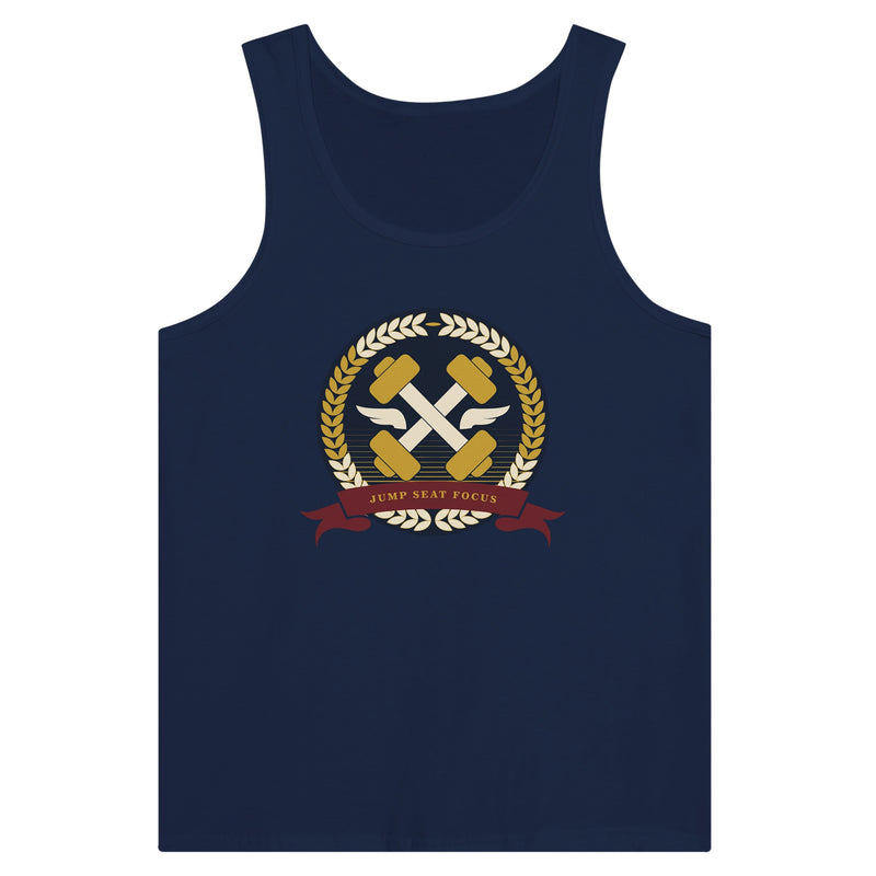 Dumbbells & Hotels unisex tank top with the Jump Seat Focus crest (gold laurel ring, crossed dumbbells over aviator wings, burgundy ribbon) - product shot 11 of 18