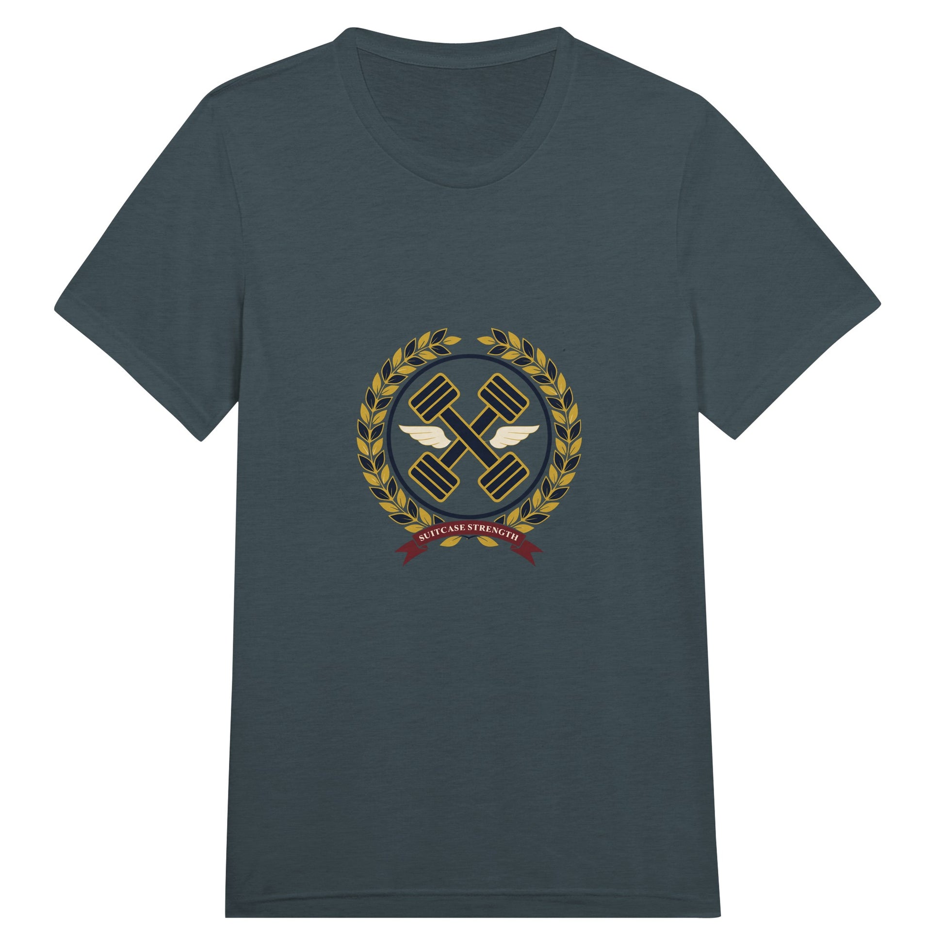 Suitcase Strength unisex triblend tee for travelling professionals, printed with a gold laurel-wreath crest with navy crossed dumbbells, cream aviator wings and a SUITCASE STRENGTH ribbon — product photo 11 of 19