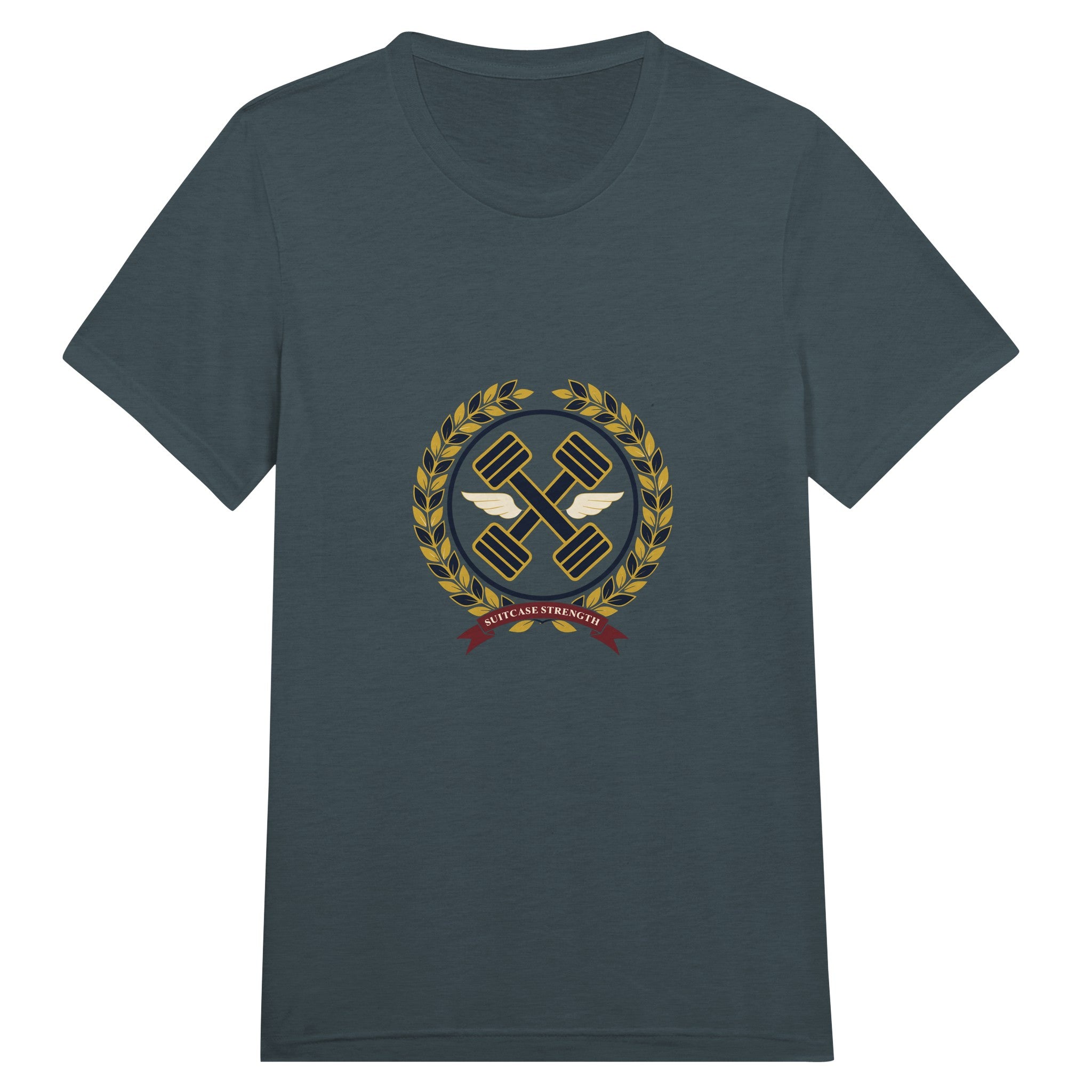 Suitcase Strength unisex triblend tee for travelling professionals, printed with a gold laurel-wreath crest with navy crossed dumbbells, cream aviator wings and a SUITCASE STRENGTH ribbon — product photo 11 of 19