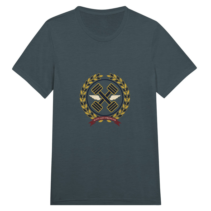 Suitcase Strength unisex triblend tee for travelling professionals, printed with a gold laurel-wreath crest with navy crossed dumbbells, cream aviator wings and a SUITCASE STRENGTH ribbon — product photo 11 of 19