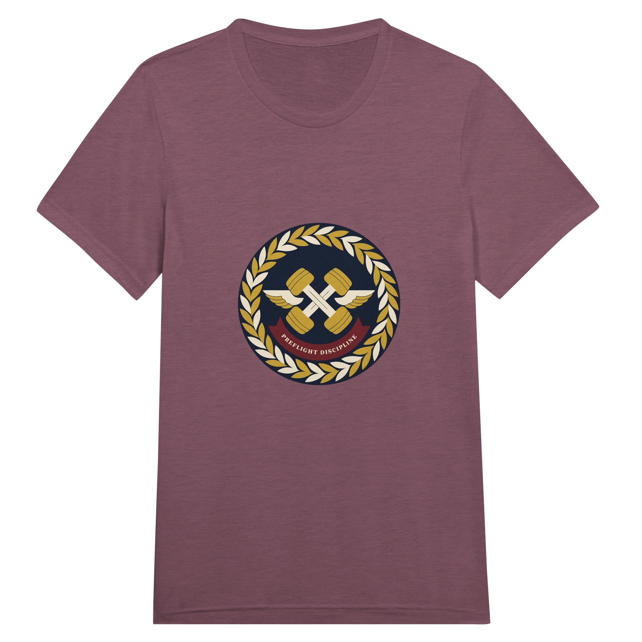 Preflight Discipline winged-dumbbell crest with laurel wreath on a unisex triblend tee by Dumbbells & Hotels — view 6 of 19