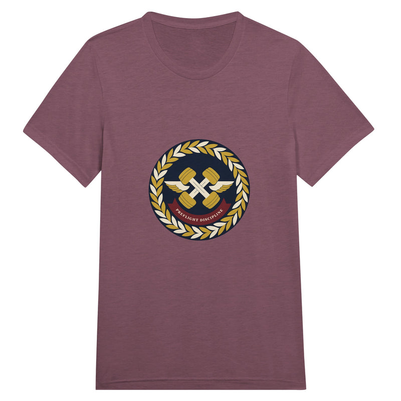 Preflight Discipline winged-dumbbell crest with laurel wreath on a unisex triblend tee by Dumbbells & Hotels — view 6 of 19