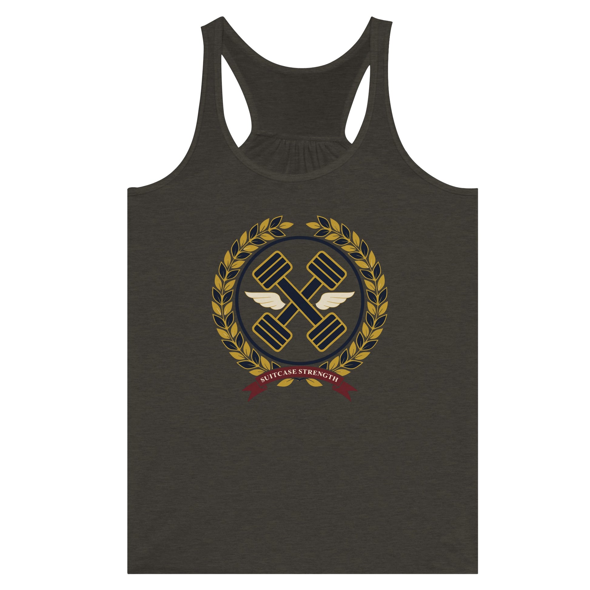 Suitcase Strength women's flowy racerback tank for travelling professionals, printed with a gold laurel-wreath crest with navy crossed dumbbells, cream aviator wings and a SUITCASE STRENGTH ribbon — product photo 5 of 13