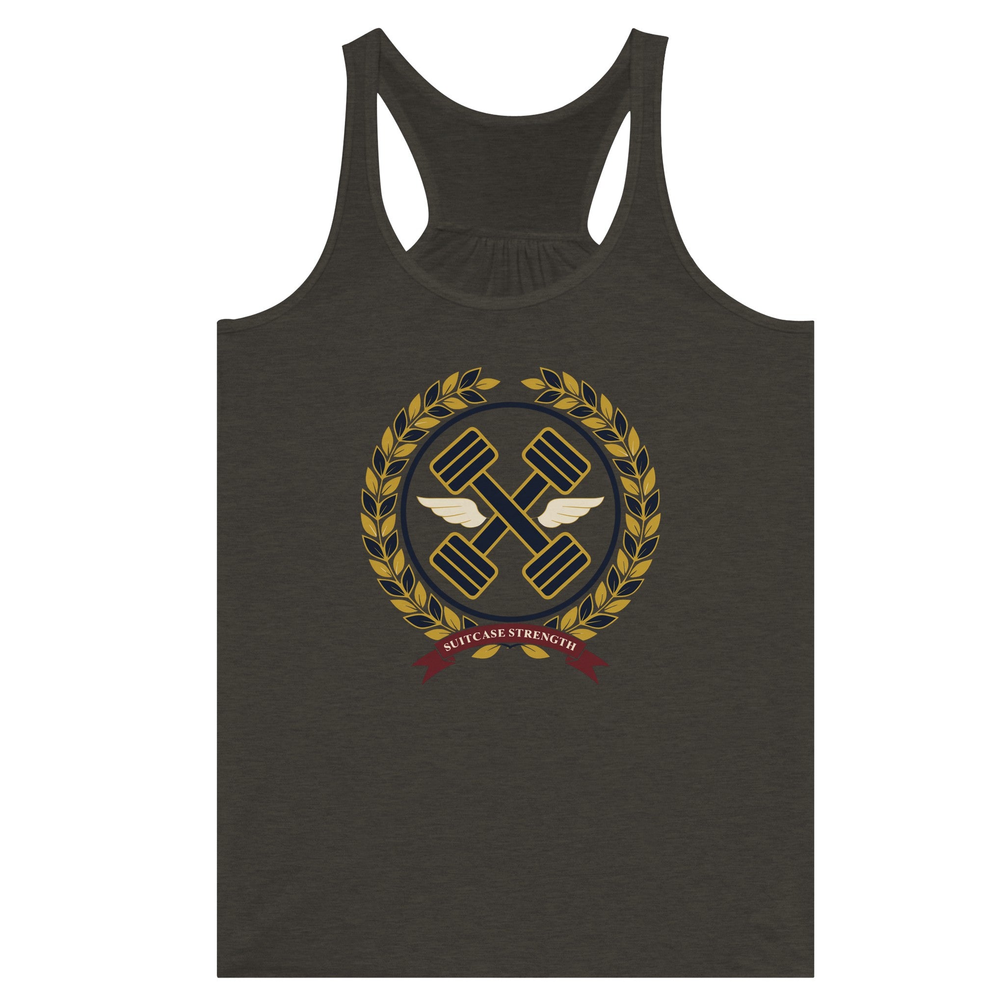 Suitcase Strength women's flowy racerback tank for travelling professionals, printed with a gold laurel-wreath crest with navy crossed dumbbells, cream aviator wings and a SUITCASE STRENGTH ribbon — product photo 5 of 13