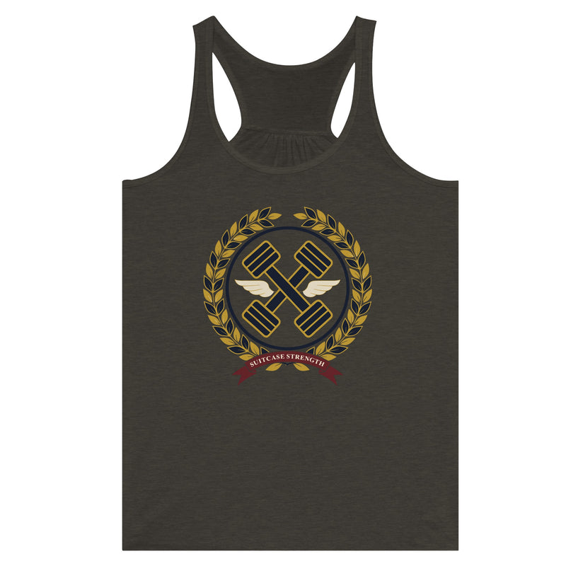 Suitcase Strength women's flowy racerback tank for travelling professionals, printed with a gold laurel-wreath crest with navy crossed dumbbells, cream aviator wings and a SUITCASE STRENGTH ribbon — product photo 5 of 13