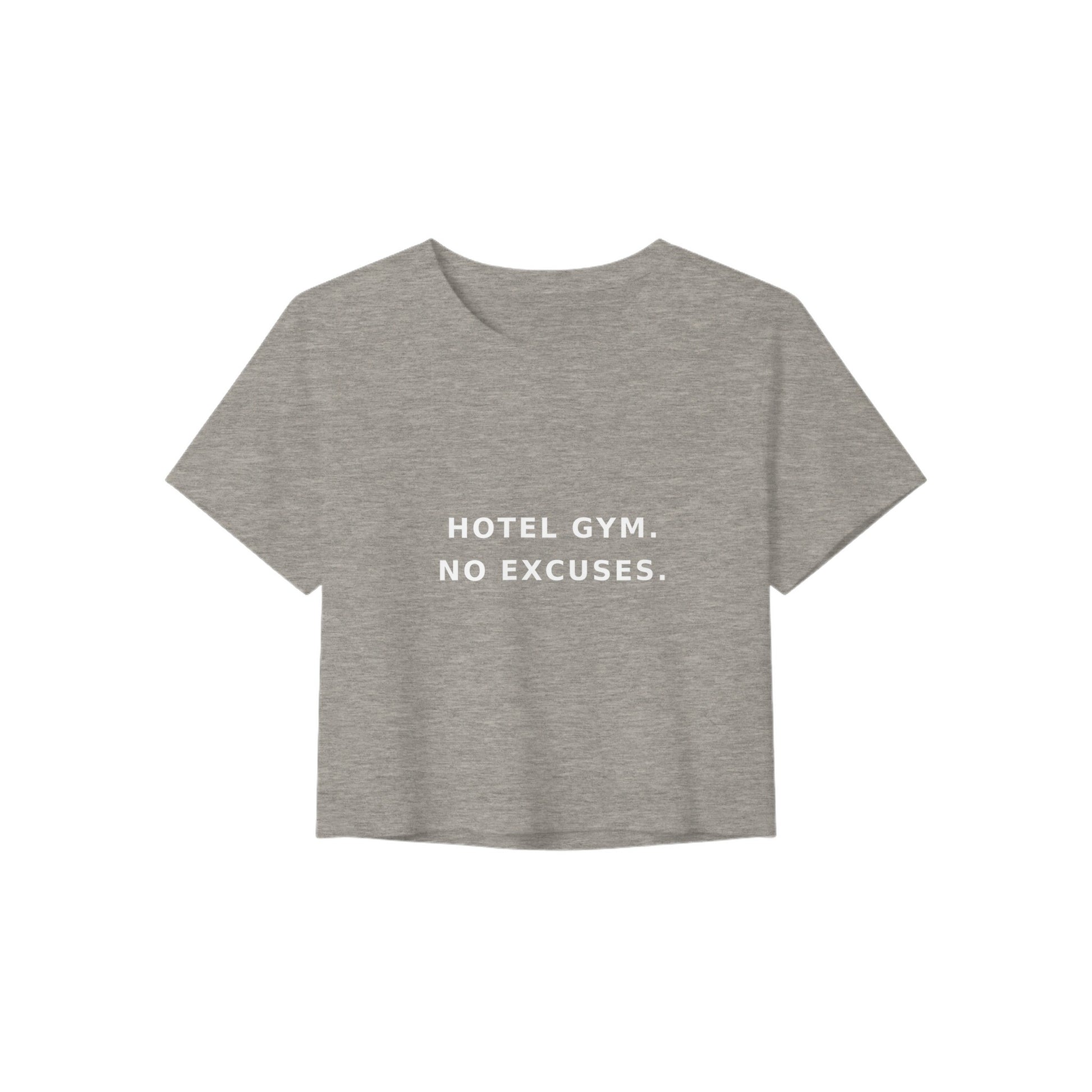 women's flowy travel crop tee with white Hotel Gym. No Excuses. statement print