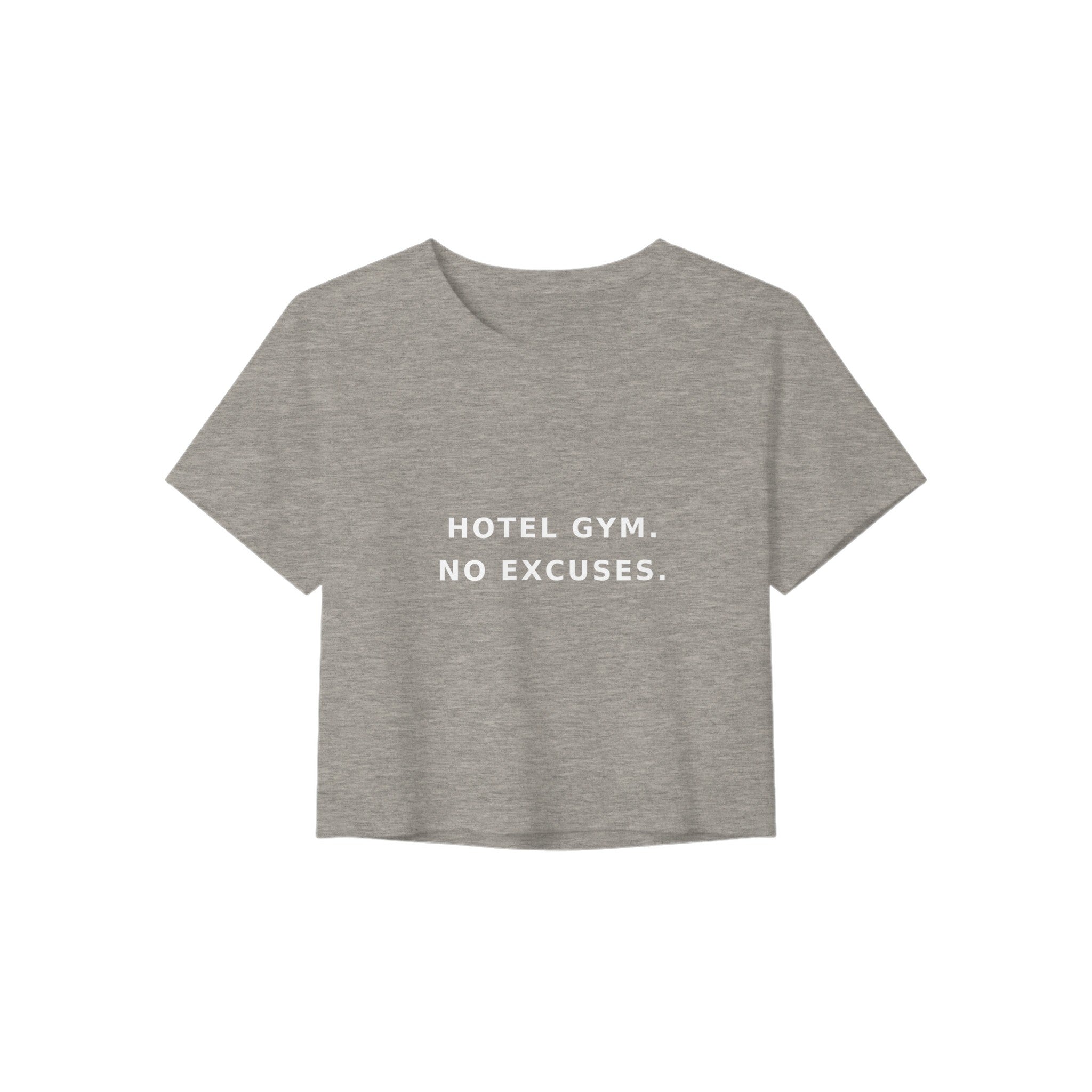 women's flowy travel crop tee with white Hotel Gym. No Excuses. statement print