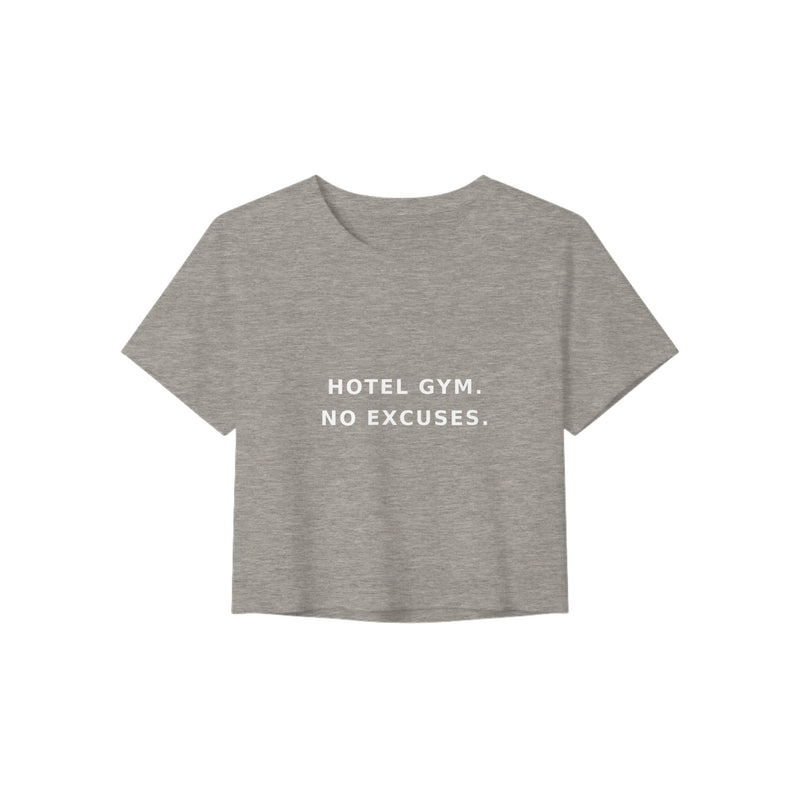 women's flowy travel crop tee with white Hotel Gym. No Excuses. statement print