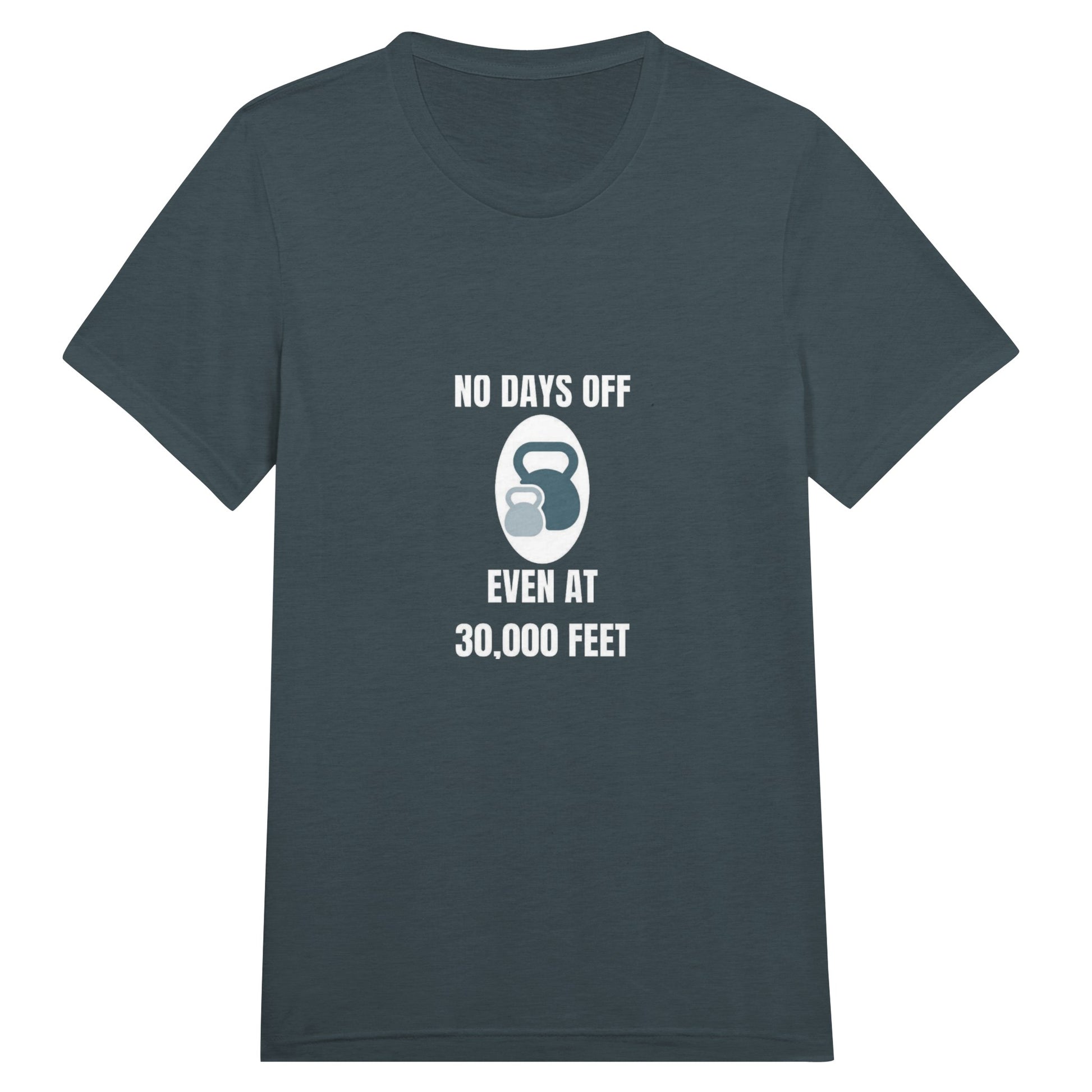 No Days Off Even at 30,000 Feet unisex triblend tee in Solid Dark Grey Triblend — packable travel training apparel from Dumbbells & Hotels