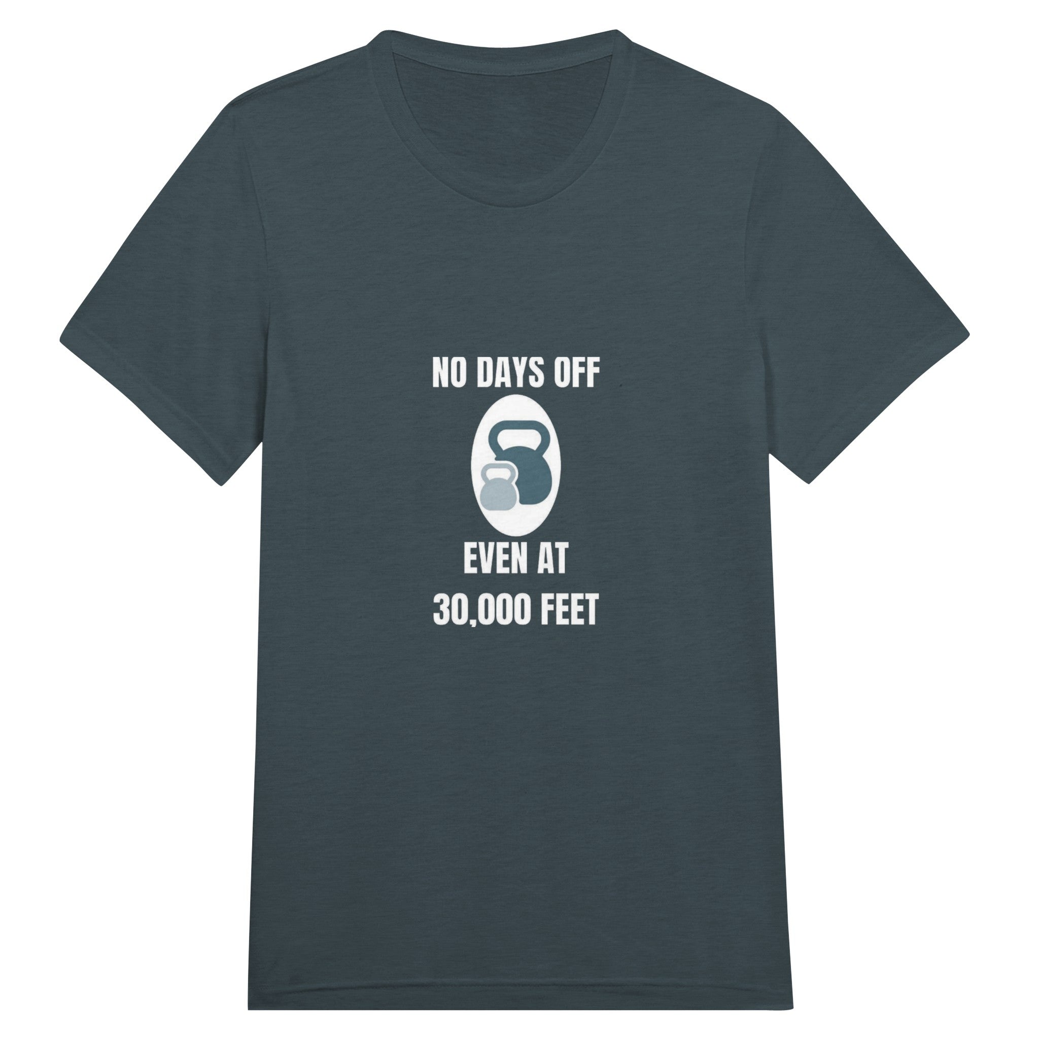 No Days Off Even at 30,000 Feet unisex triblend tee in Solid Dark Grey Triblend — packable travel training apparel from Dumbbells & Hotels