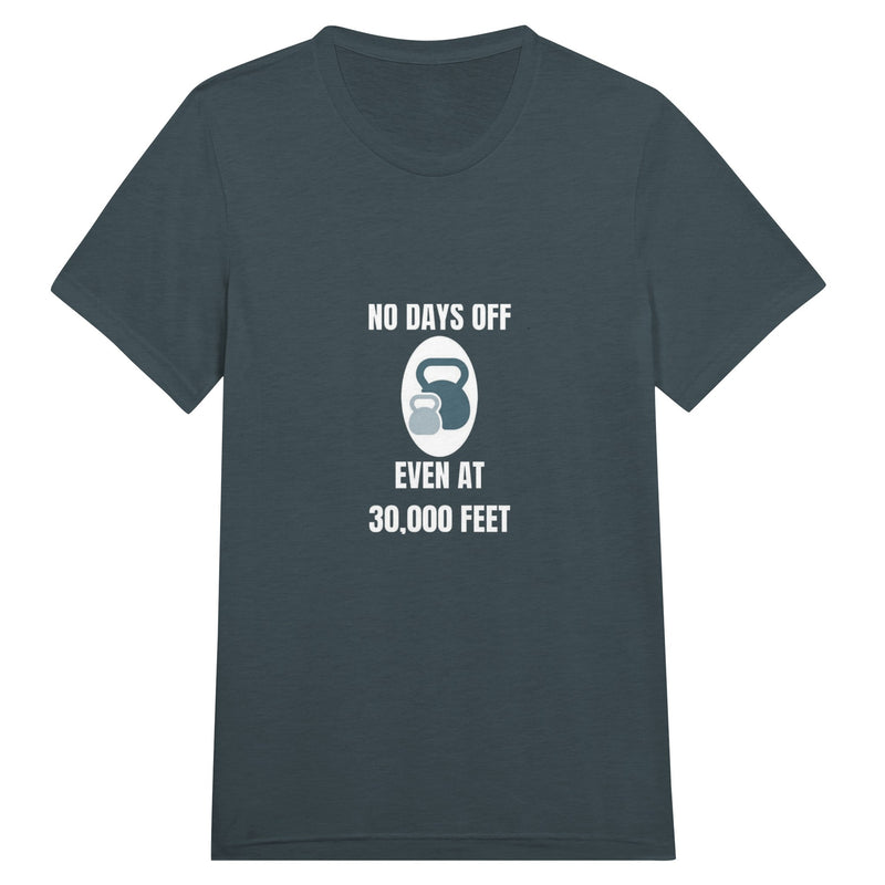No Days Off Even at 30,000 Feet unisex triblend tee in Solid Dark Grey Triblend — packable travel training apparel from Dumbbells & Hotels