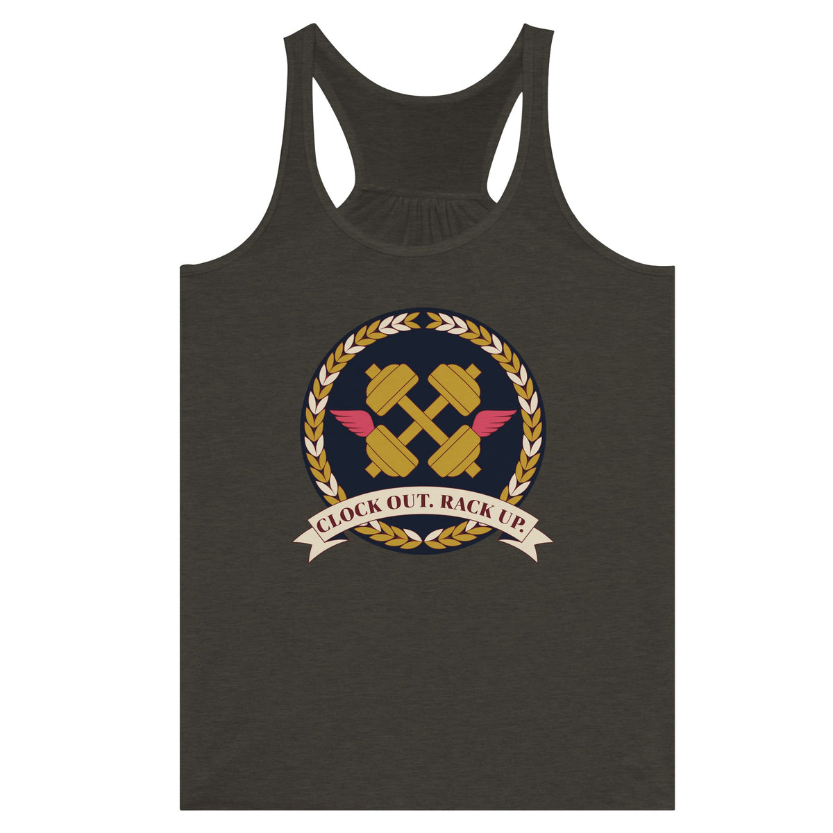 Clock Out. Rack Up. crest design on a Dumbbells and Hotels women's racerback tank