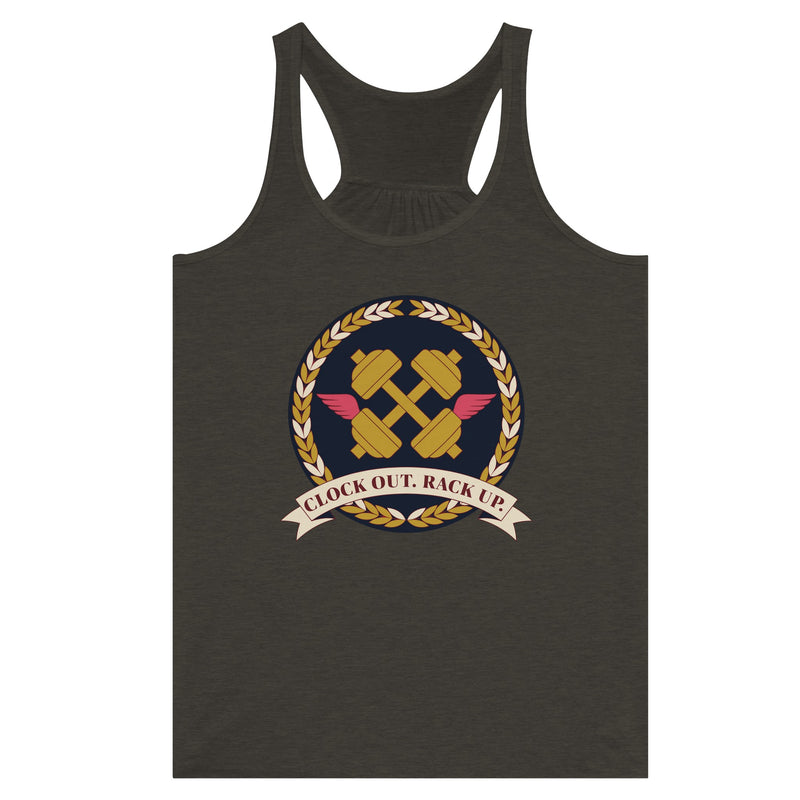 Clock Out. Rack Up. crest design on a Dumbbells and Hotels women's racerback tank