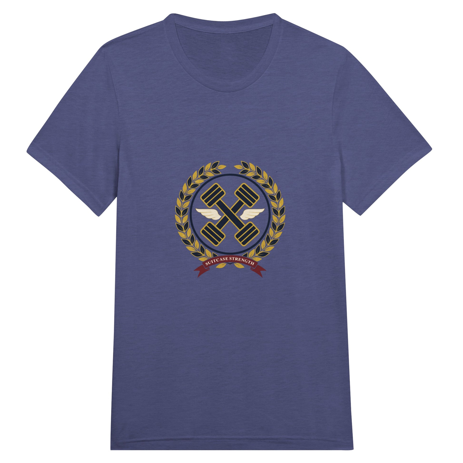 Suitcase Strength unisex triblend tee for travelling professionals, printed with a gold laurel-wreath crest with navy crossed dumbbells, cream aviator wings and a SUITCASE STRENGTH ribbon — product photo 2 of 19