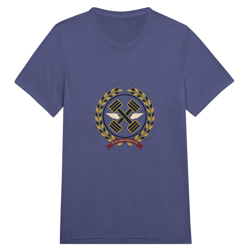Suitcase Strength unisex triblend tee for travelling professionals, printed with a gold laurel-wreath crest with navy crossed dumbbells, cream aviator wings and a SUITCASE STRENGTH ribbon — product photo 2 of 19