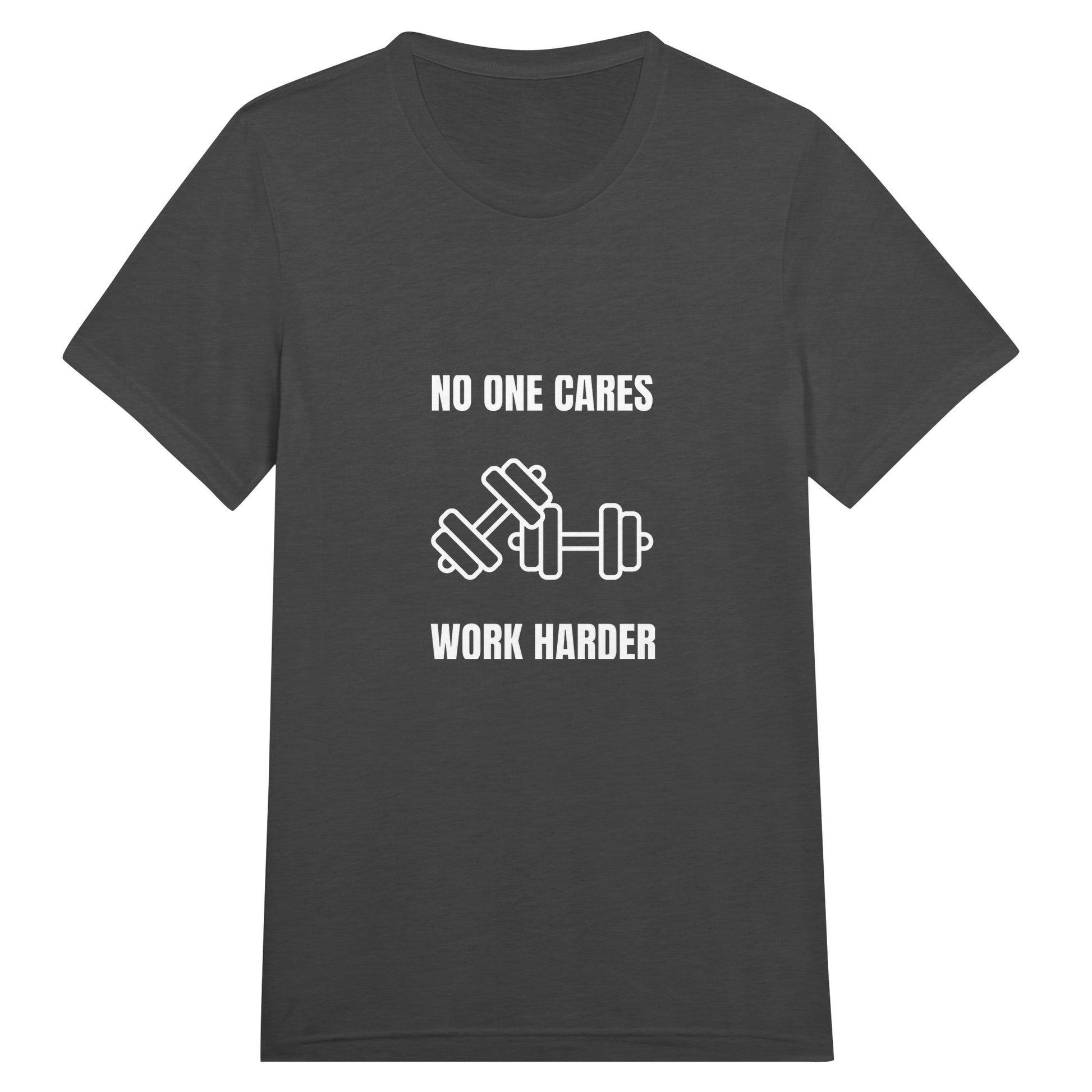 unisex triblend travel tee with white No One Cares. Work Harder. crossed-dumbbells print, styled for hotel gym training