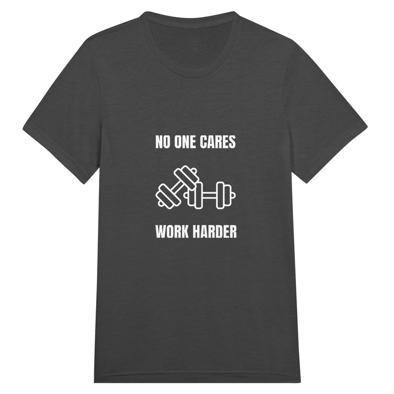 unisex triblend travel tee with white No One Cares. Work Harder. crossed-dumbbells print, styled for hotel gym training