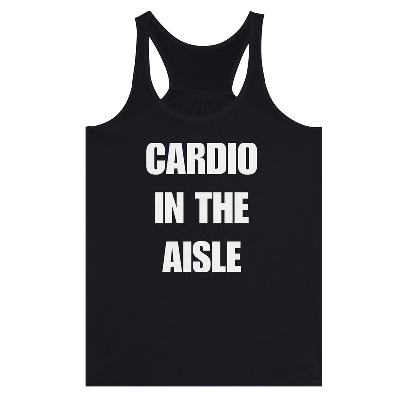 women's racerback tank colorway with white Cardio in the Aisle text, road warrior travel workout gear