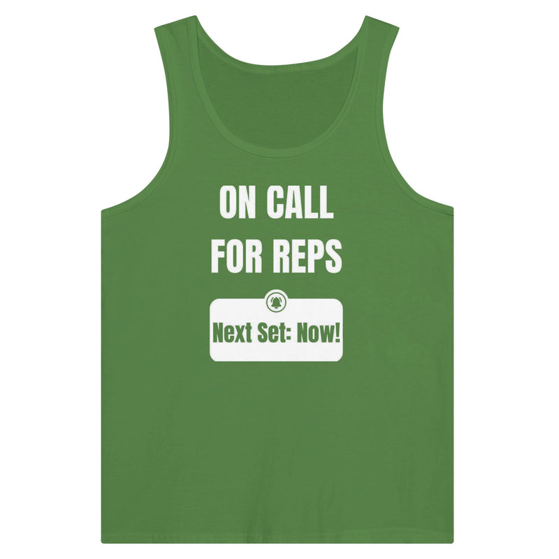 unisex premium travel tank with white On Call for Reps notification graphic reading Next Set: Now!