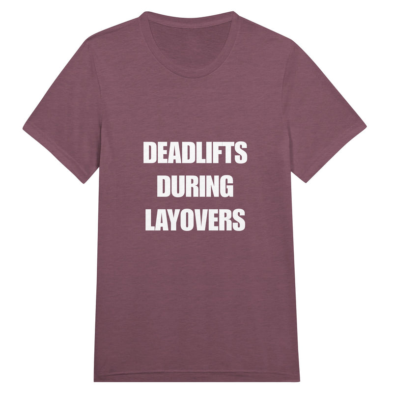 Deadlifts During Layovers travel workout tee — layover-ready capsule-wardrobe apparel designed by pilots | Dumbbells & Hotels