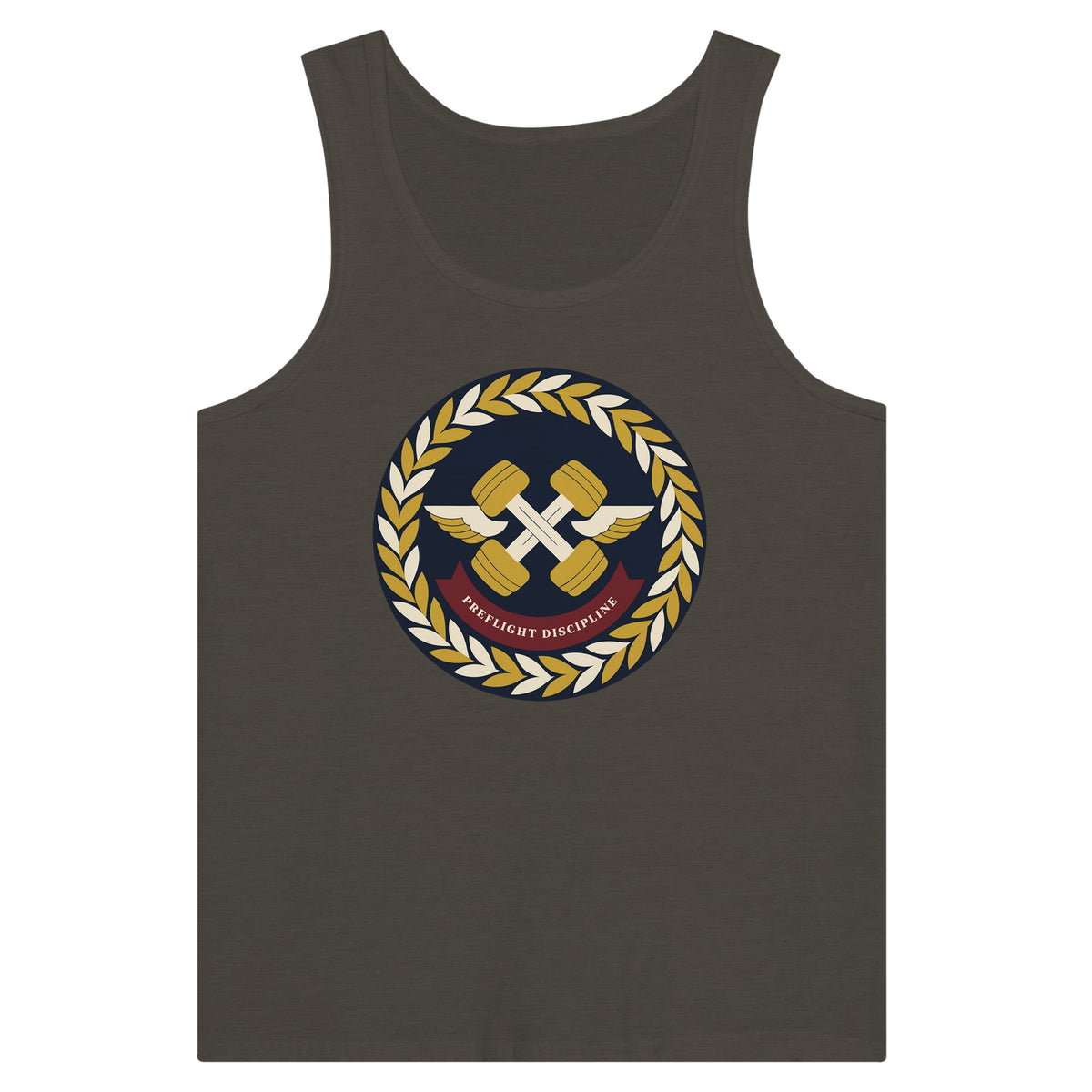 Preflight Discipline unisex tank top for travelling professionals, printed with a laurel-wreath crest with crossed dumbbells, aviator wings and a PREFLIGHT DISCIPLINE banner — product photo 7 of 18