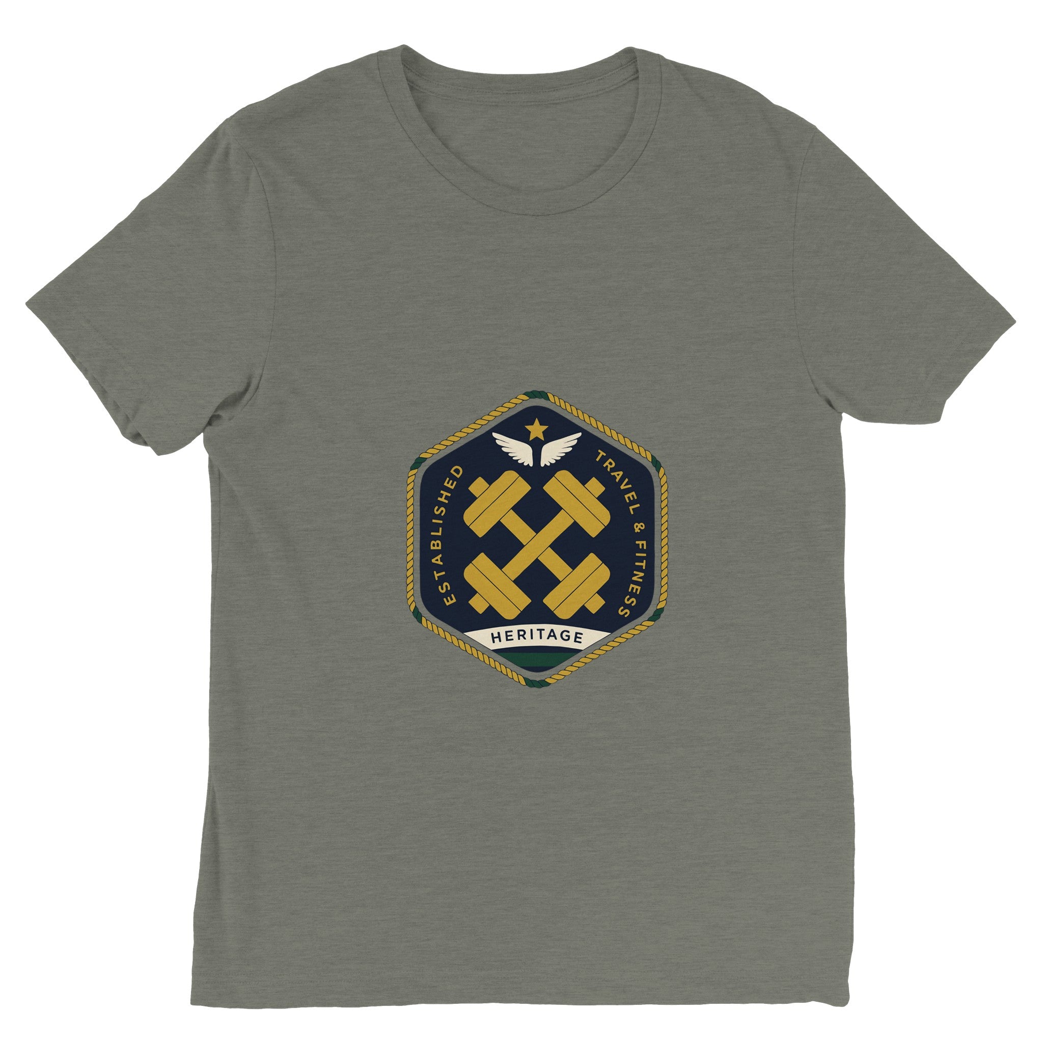 Heritage Standard crest-emblem travel tee, Dumbbells & Hotels road warrior apparel