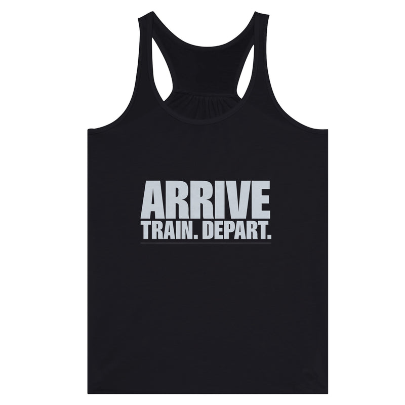 Arrive. Train. Depart. Racerback | Dumbbells & Hotels - Arrive. Train. Depart. design, racerback product photo