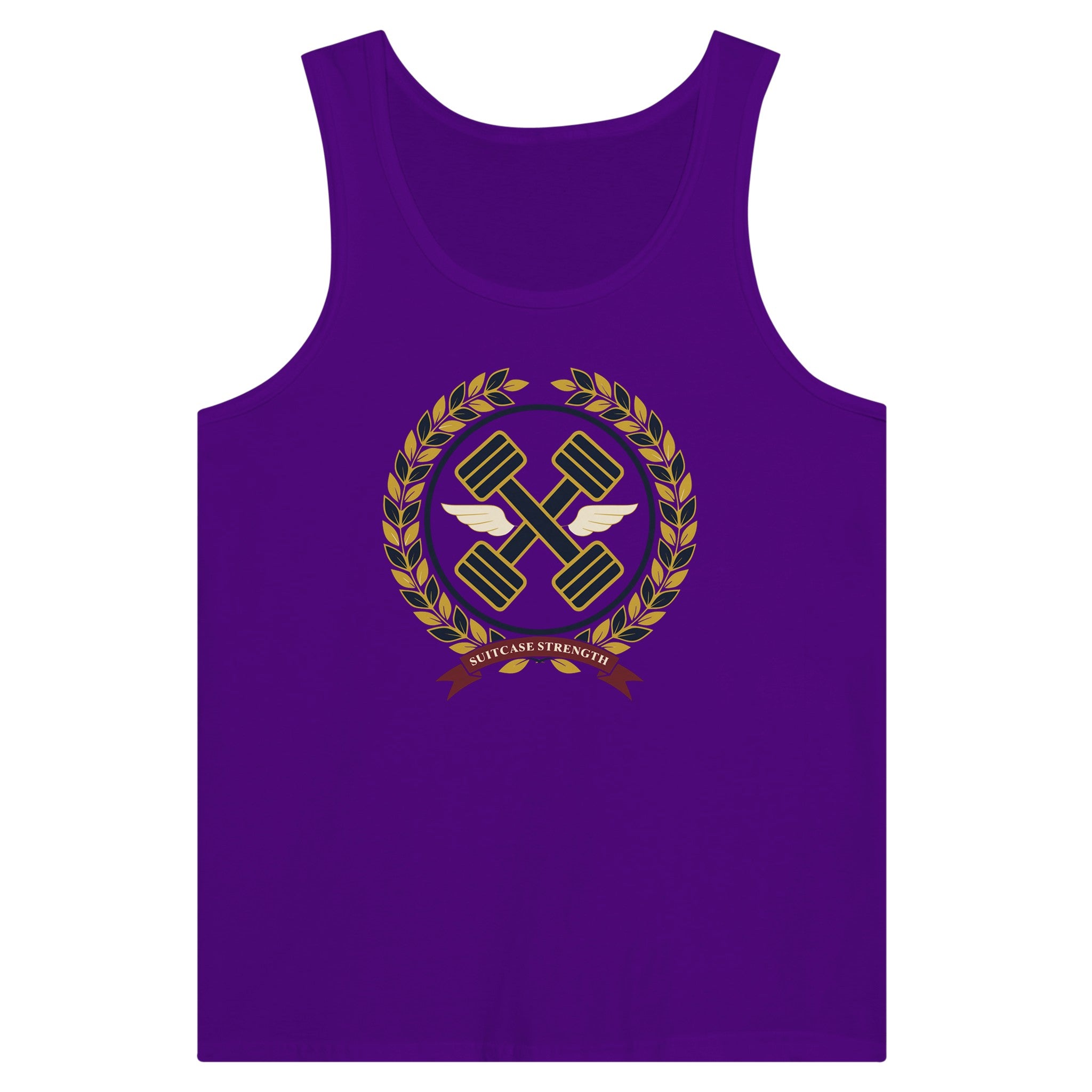 Suitcase Strength unisex premium tank top for travelling professionals, printed with a gold laurel-wreath crest with navy crossed dumbbells, cream aviator wings and a SUITCASE STRENGTH ribbon — product photo 9 of 18