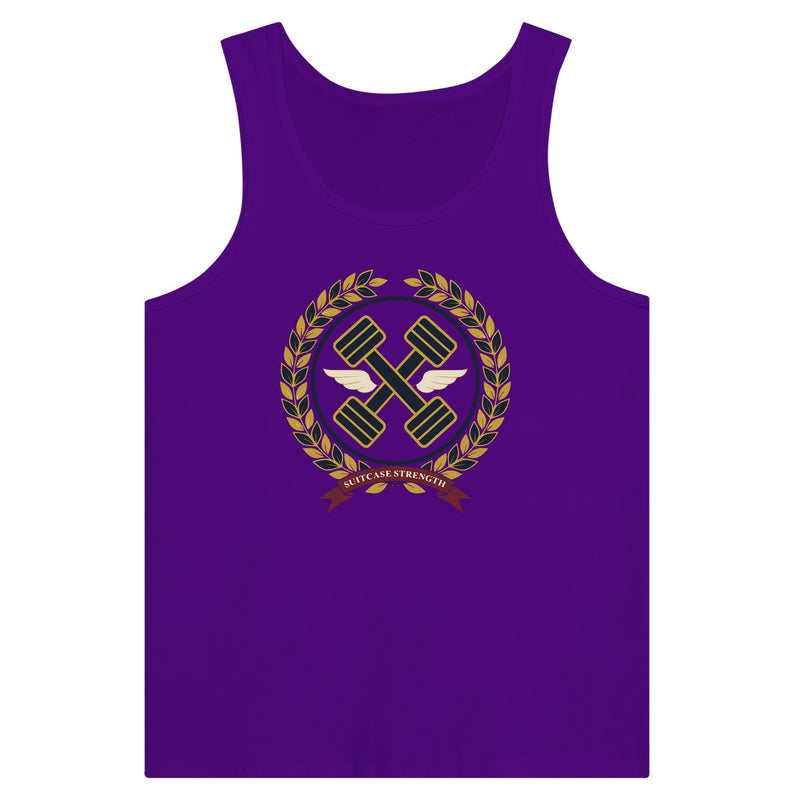 Suitcase Strength unisex premium tank top for travelling professionals, printed with a gold laurel-wreath crest with navy crossed dumbbells, cream aviator wings and a SUITCASE STRENGTH ribbon — product photo 9 of 18