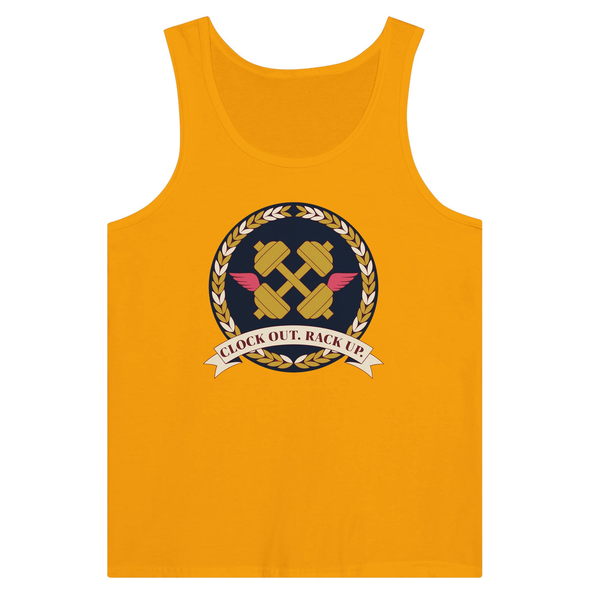 Clock Out. Rack Up. crest design on a Dumbbells and Hotels unisex tank top