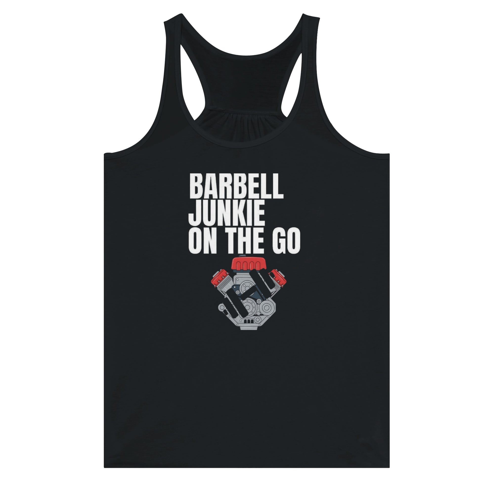 Barbell Junkie on the Go women's travel racerback tank by Dumbbells & Hotels — road warrior gym apparel