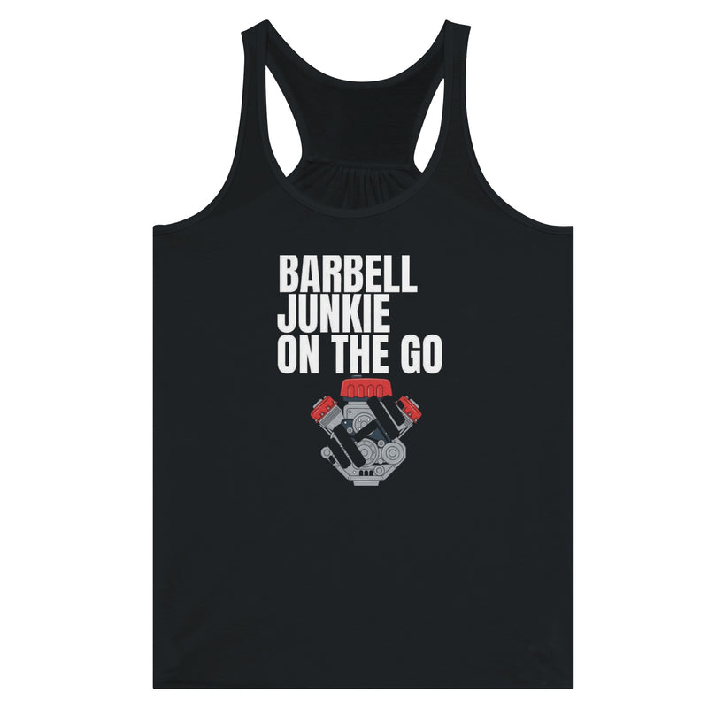 Barbell Junkie on the Go women's travel racerback tank by Dumbbells & Hotels — road warrior gym apparel