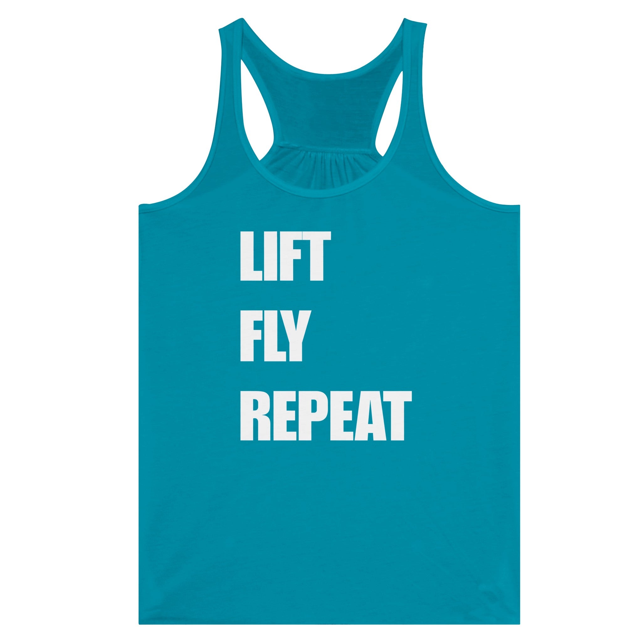 Dumbbells & Hotels women's flowy racerback tank with the Lift Fly Repeat graphic - product shot 10 of 13