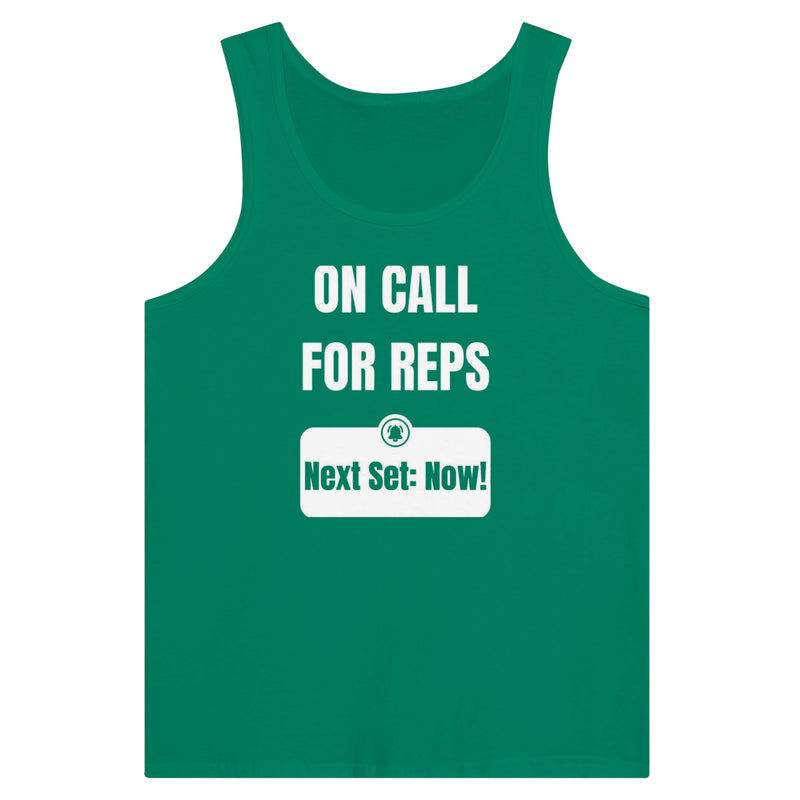 unisex premium travel tank with white On Call for Reps notification graphic reading Next Set: Now!