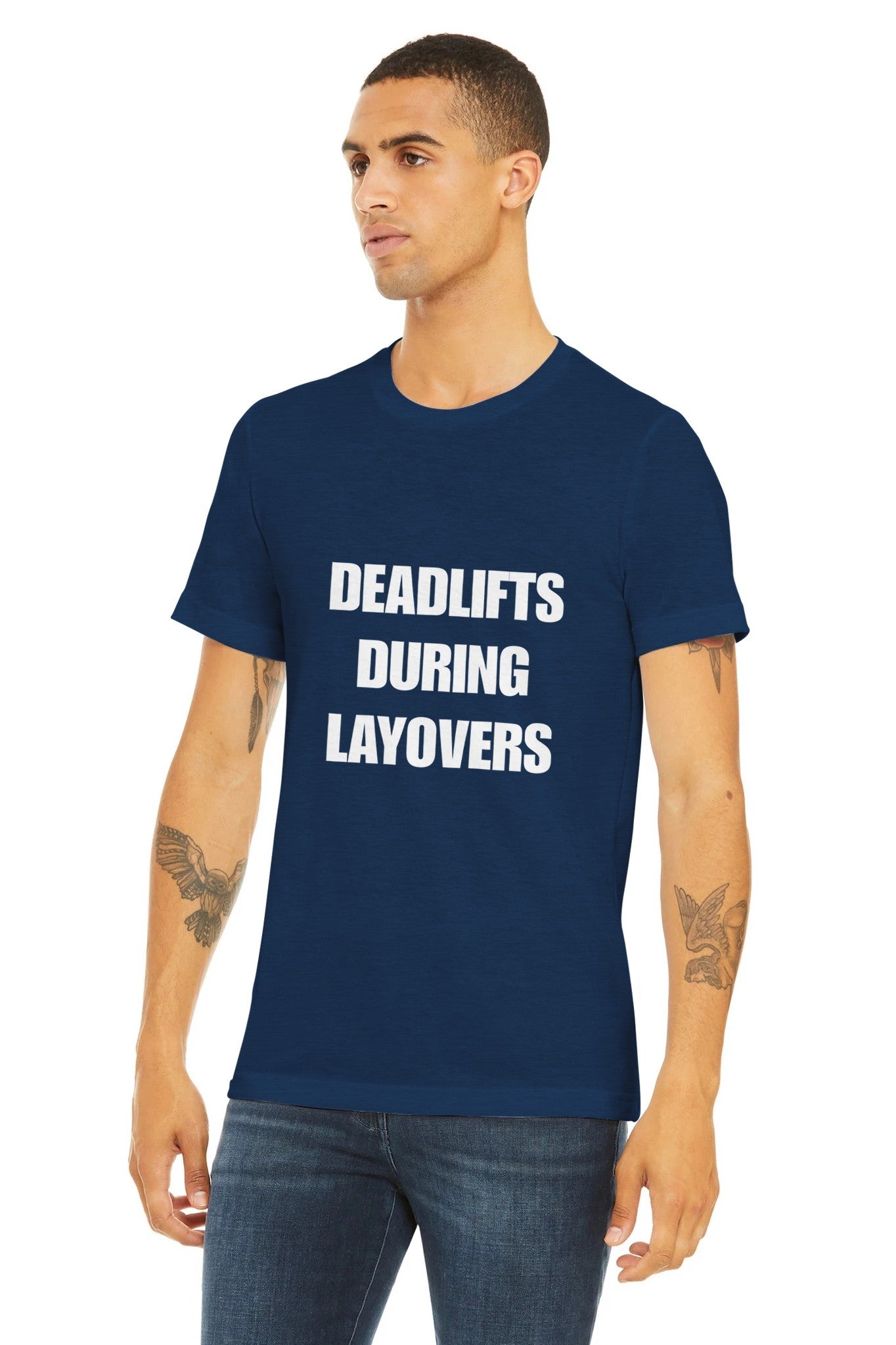 Deadlifts During Layovers travel workout tee — wrinkle-resistant gear that packs flat for the carry-on | Dumbbells & Hotels